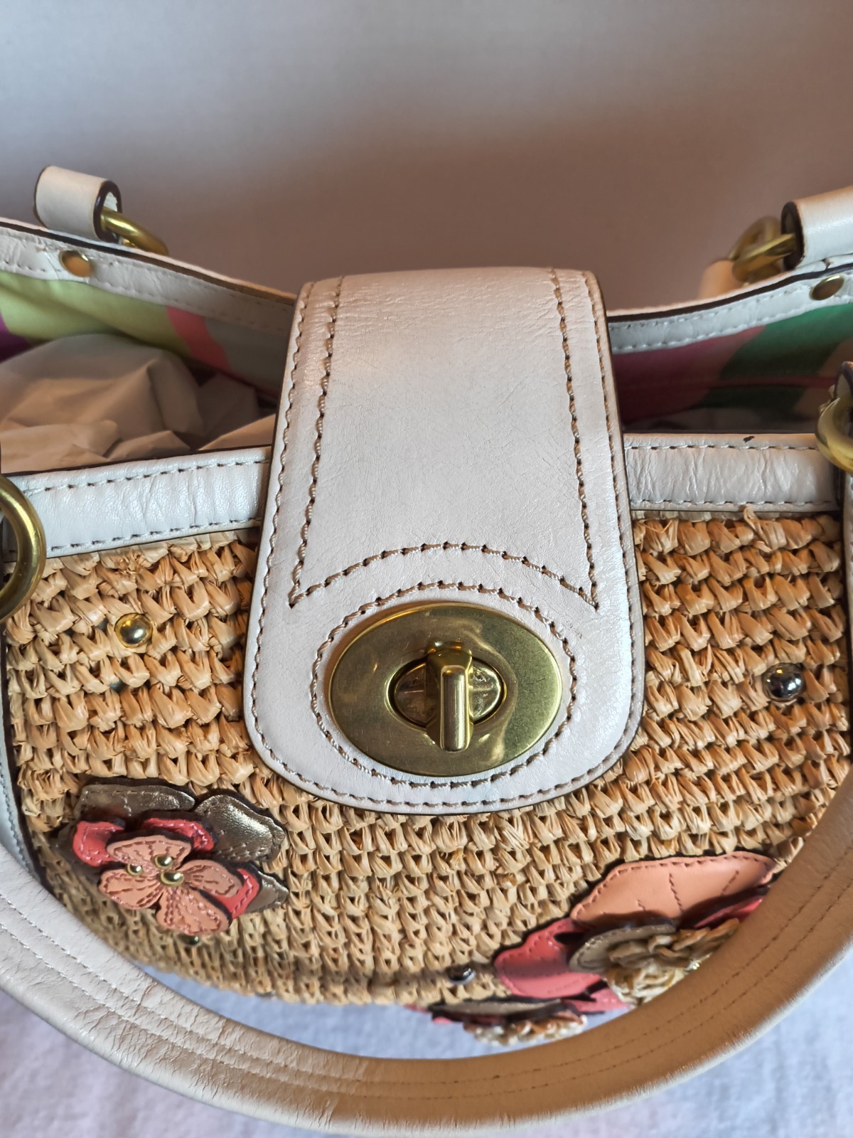 Coach Hampton Floral Tote Purse Straw White Pink L1169-19347