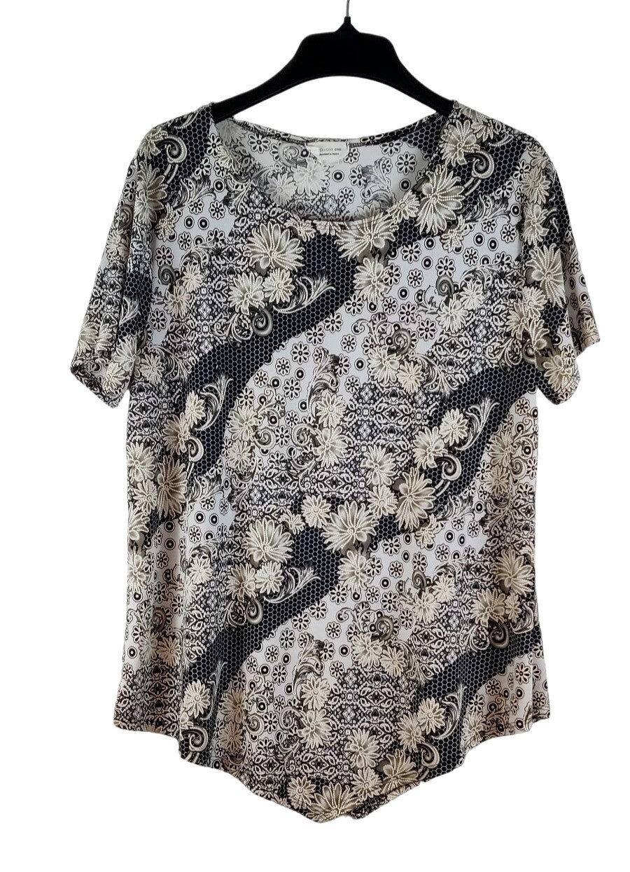 Silky Jersey Knit Tunic Top Black White 2X Exclusive One Floral Print Asymmetric