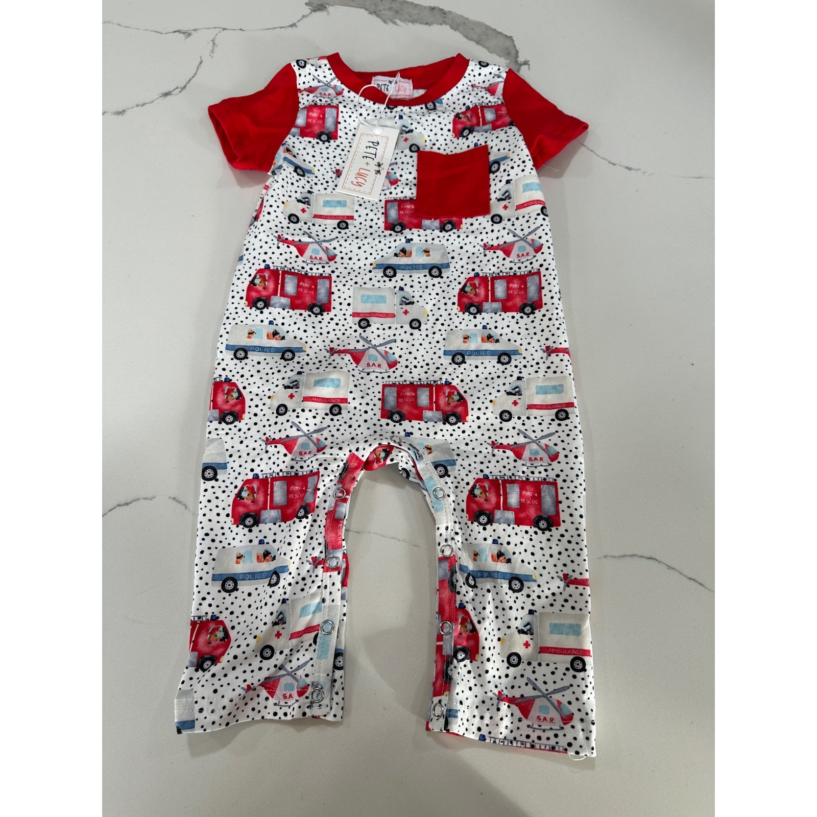 Pete + Lucy First Responders Fire Truck Police Baby Romper 6-9M New