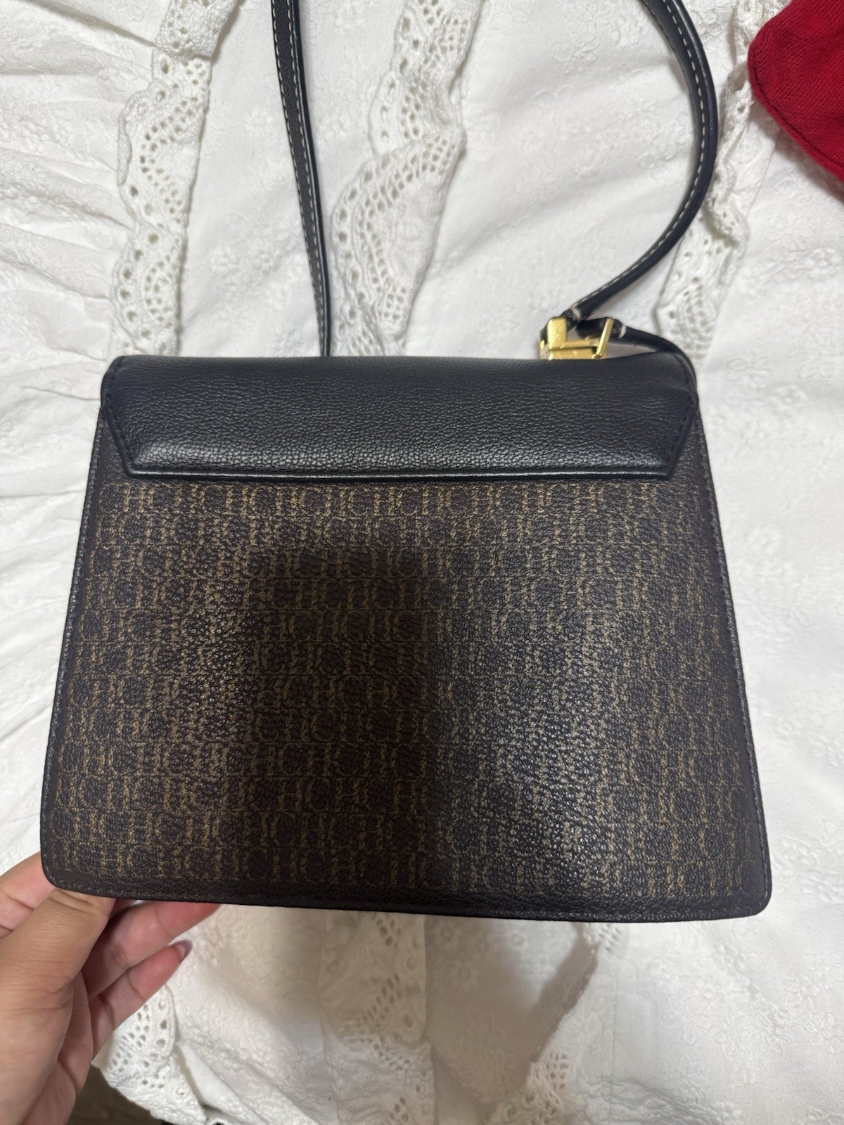 Carolina Herrera Monogram Logo Small Crossbody Top Handle Brown/Black Gold
