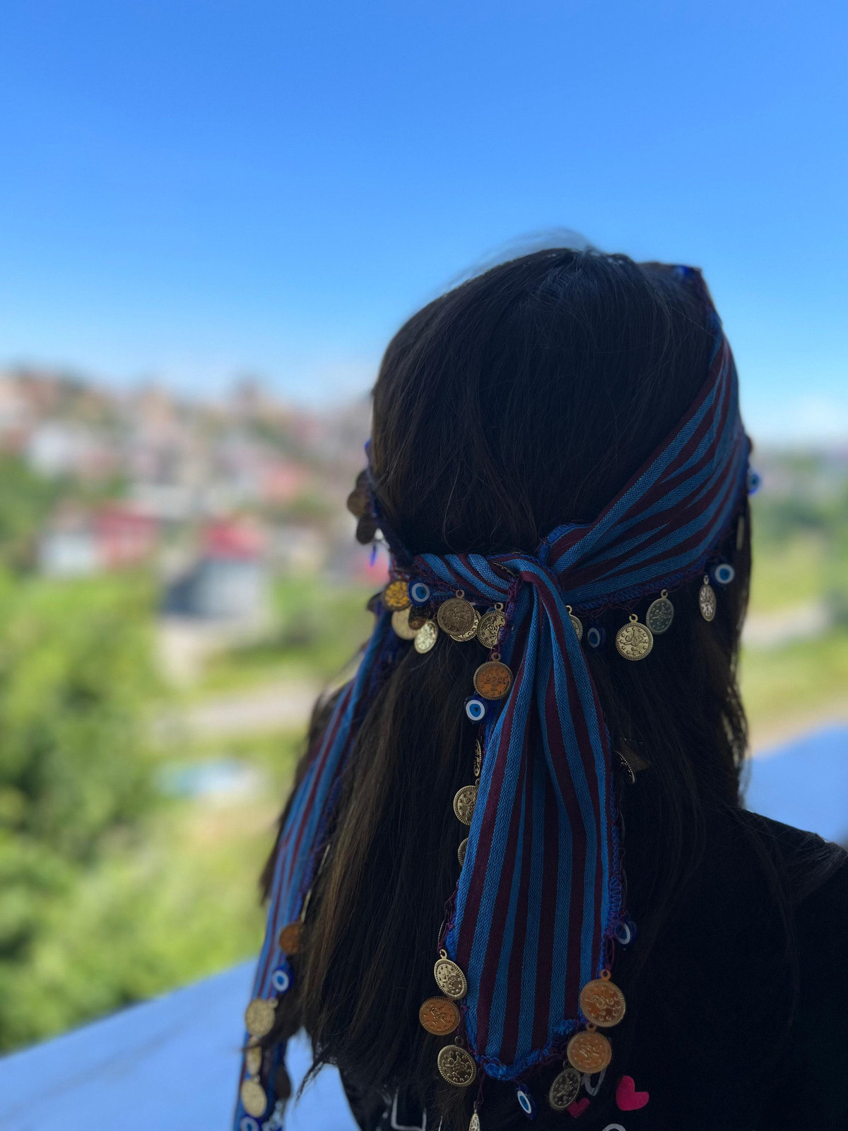 Gold Coins Evil Eye Turkish Boho Hair Scarf Handmade Unique Vintage Artisan