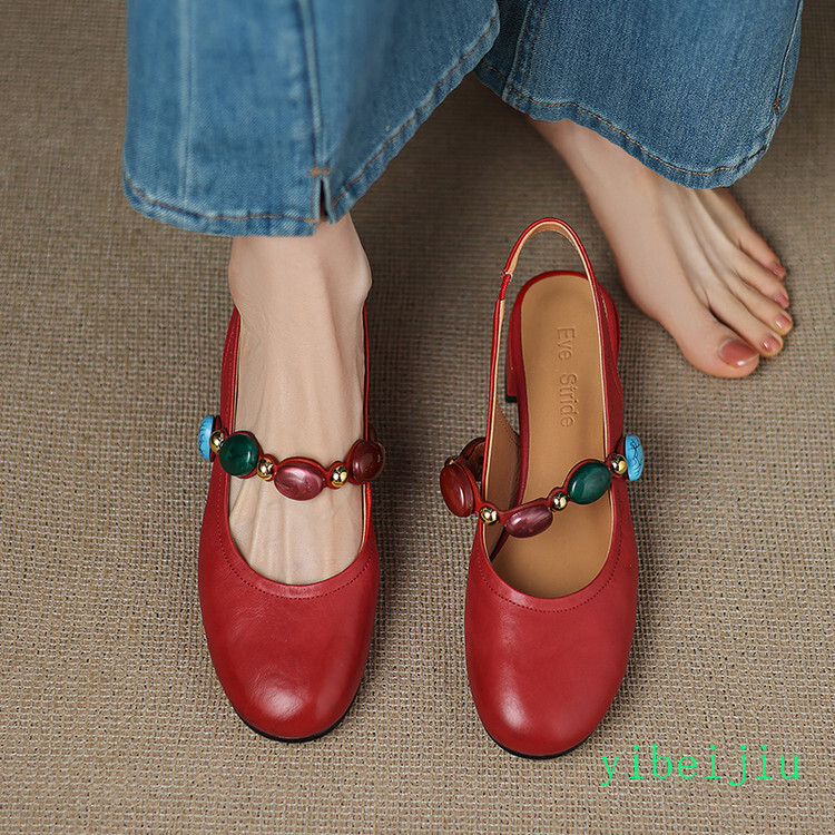 Women’s Low Heel Slingback Real Leather Sandals Stone Comfort Casual Shoes Boho
