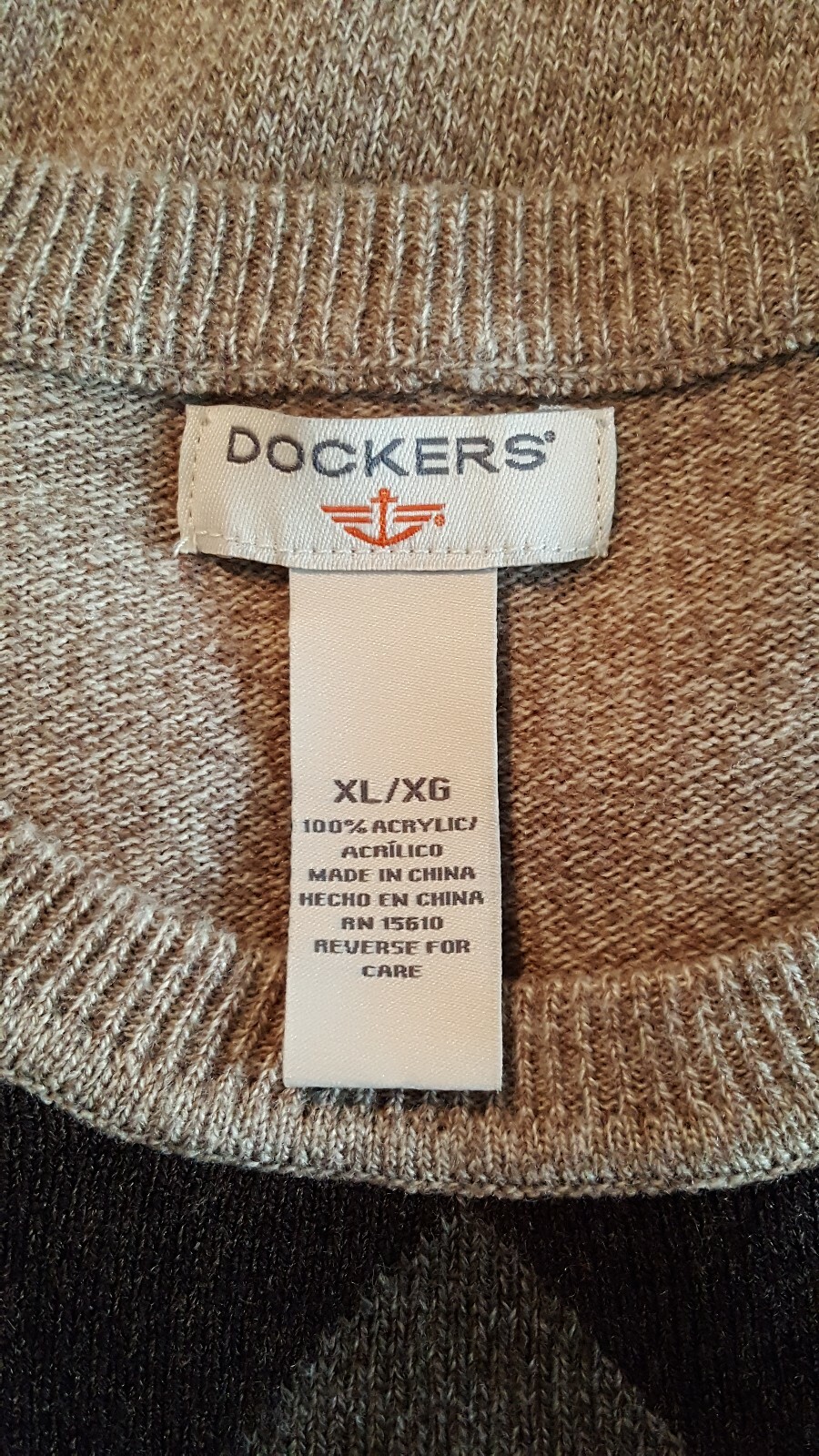 Dockers Men’s Beige Multi Argyle Long Sleeve Crew Neck Pullover Sweater Size XL