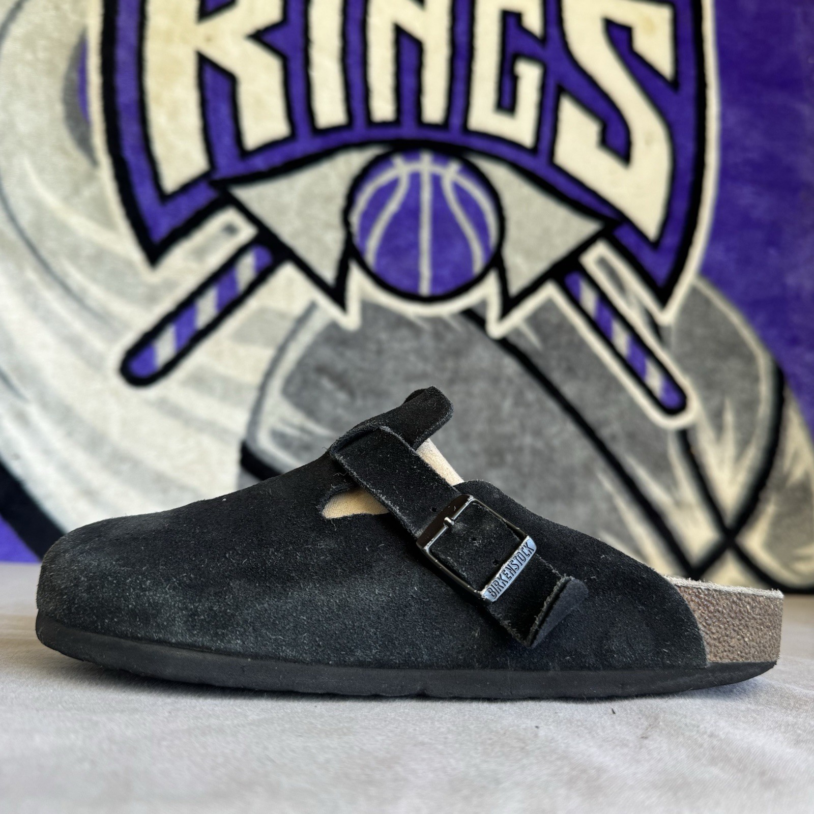 Size 40/W9/M7 – Birkenstock Boston Soft Footbed Suede Leather Black