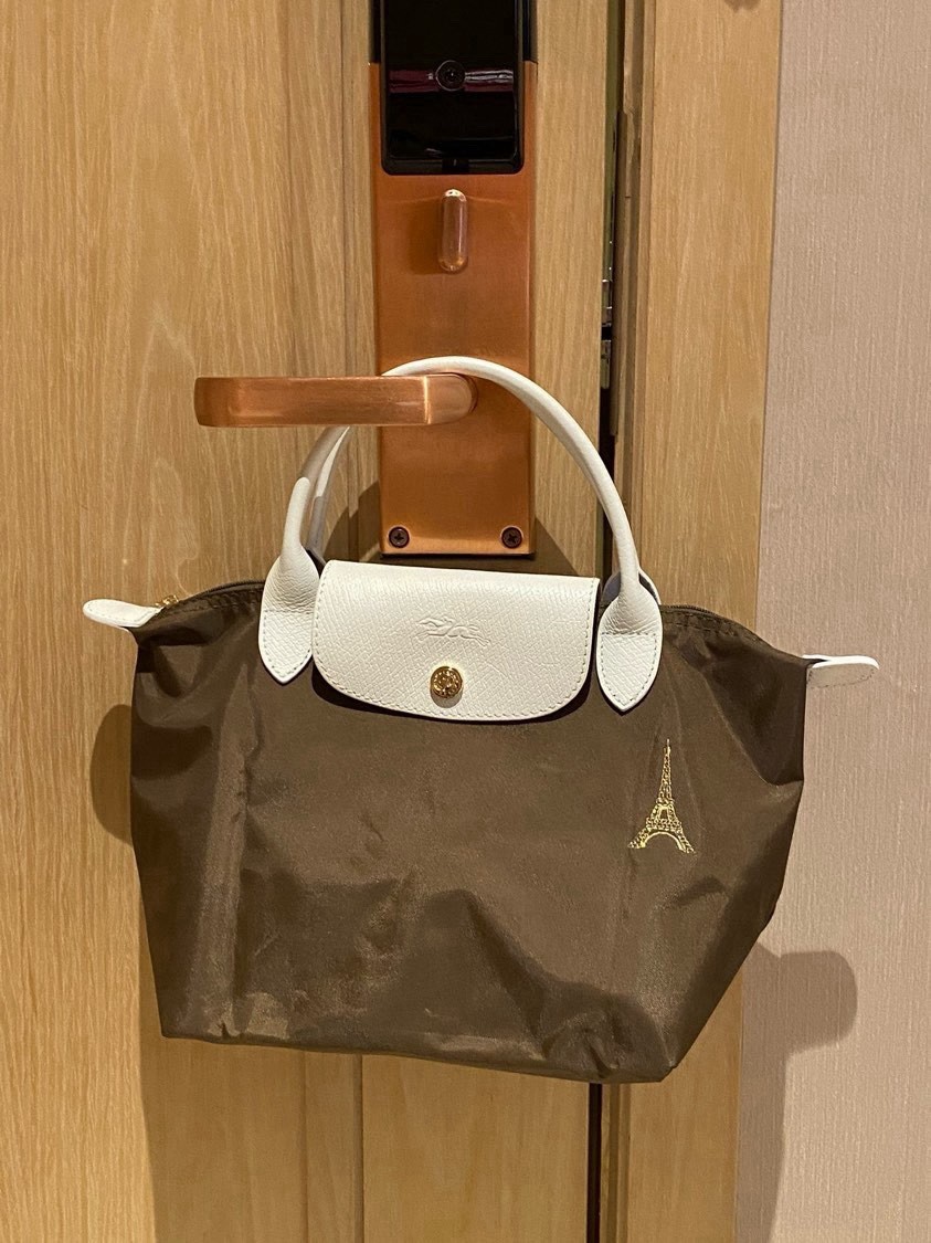Longchamp Le Pliage Brown White Small Top Handle Bag Zip Snap Gold Logo Fold