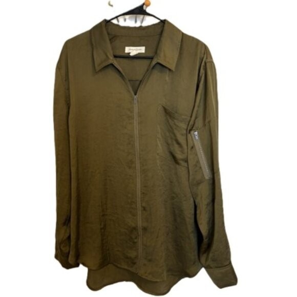 Treasure & Bond Olive Green Satin Hi Low Bomber Shirt Sz XL