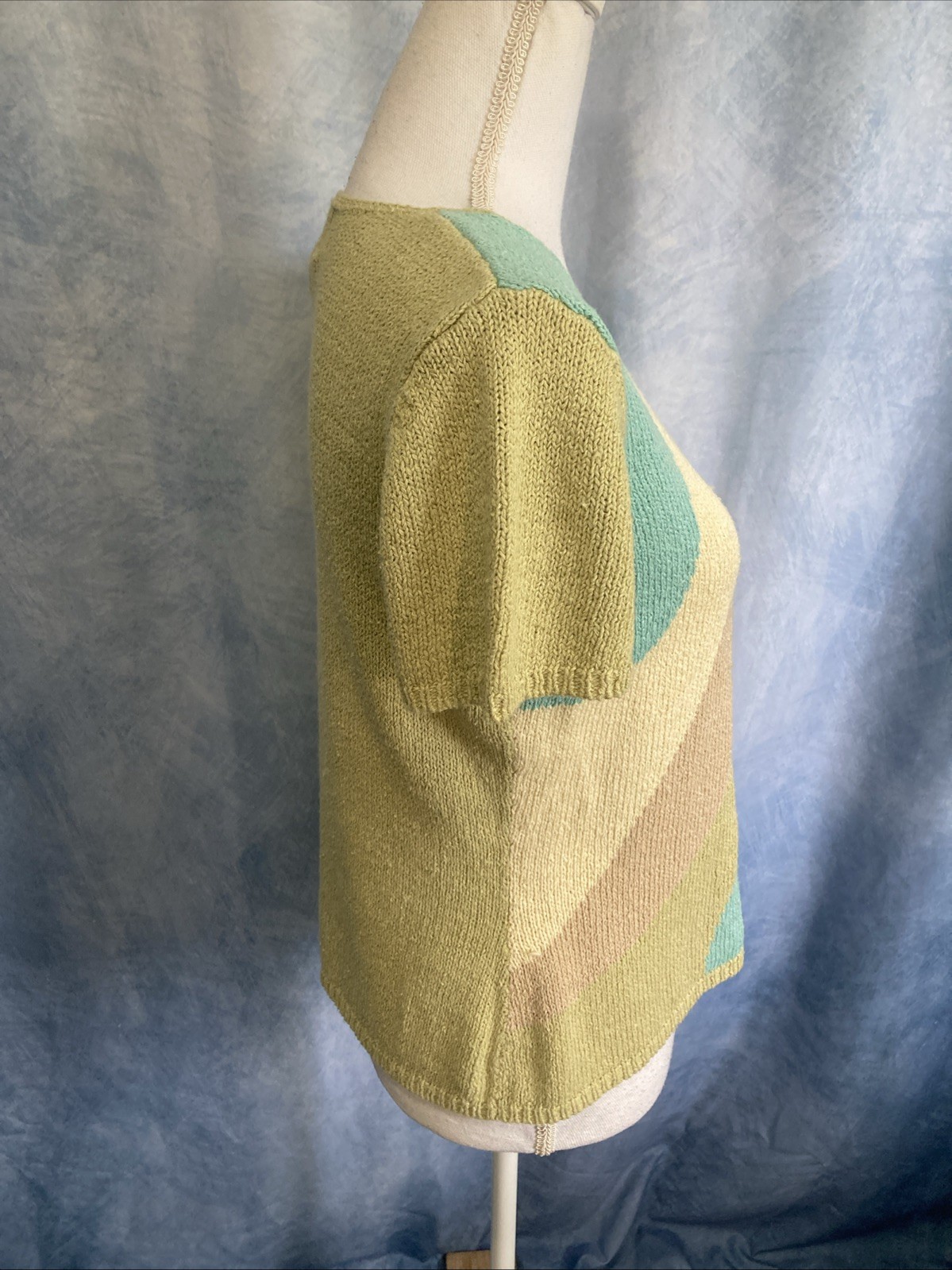 Vtg 90s Requirements Pastel Color Block Knit Short Sleeve Sweater Top Ramie Boxy