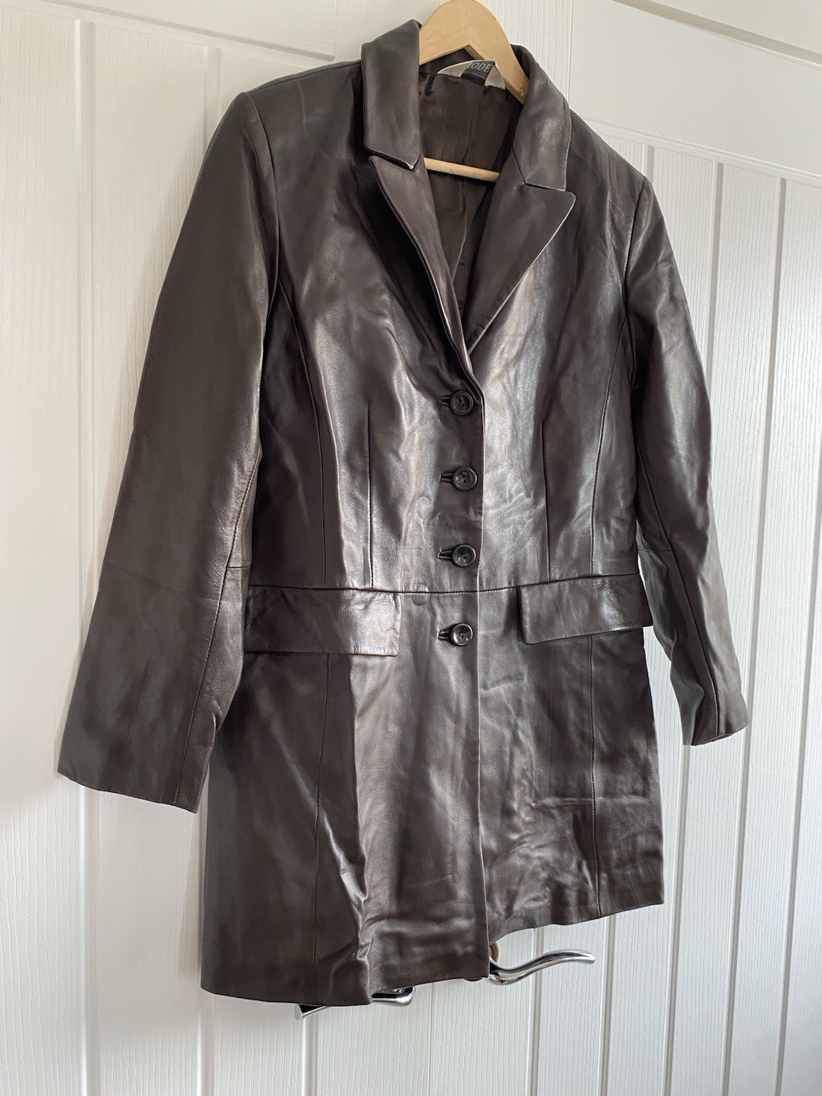 Mode Vintage Ladies Brown Leather Longline Jacket UK 10