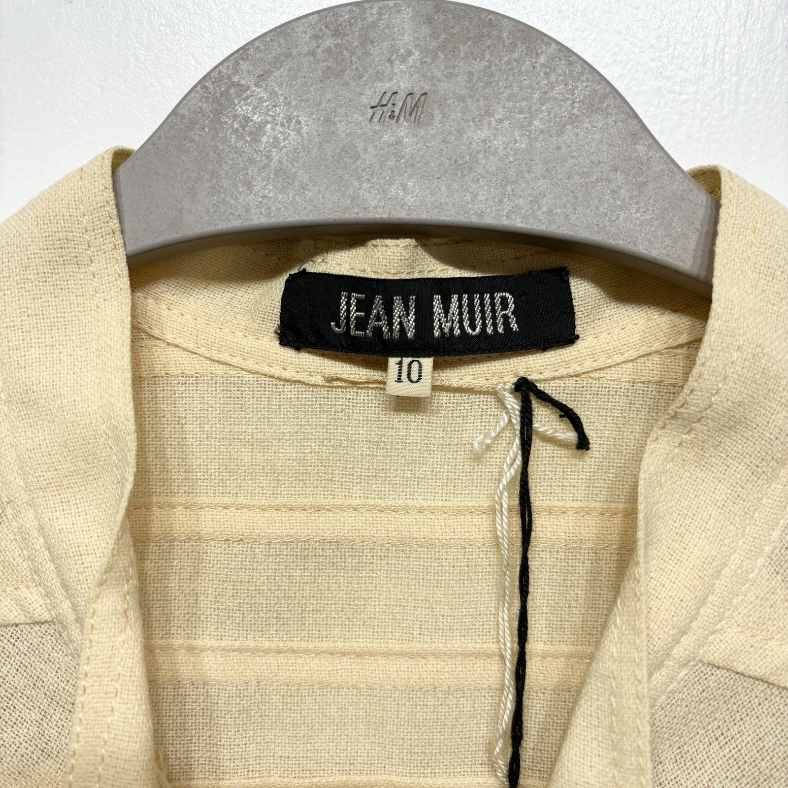 Jean Muir Dress Vintage Yellow Toggle Button Neck Tie Shoulder Padded UK 10