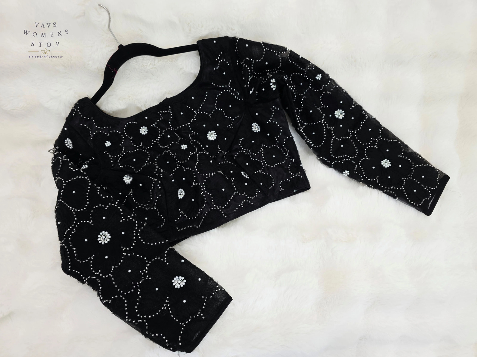 Midnight Onyx Black Designer Net Crystal Work Blouse Full Sleeves 36-42