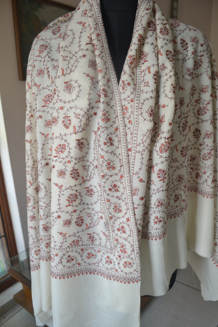 OFF-WHITE MICRO JAAL KASHMIRI EMBROIDERY WEDDING SHAWL 100% CASHMERE PASHMINA