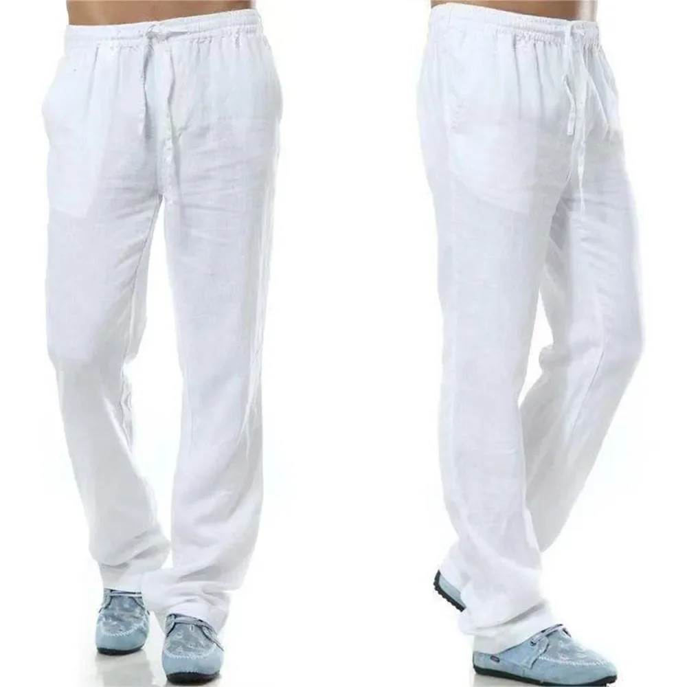 Men’s Cotton Linen Trousers Breathable Casual Elastic Waist Running Pants Gift
