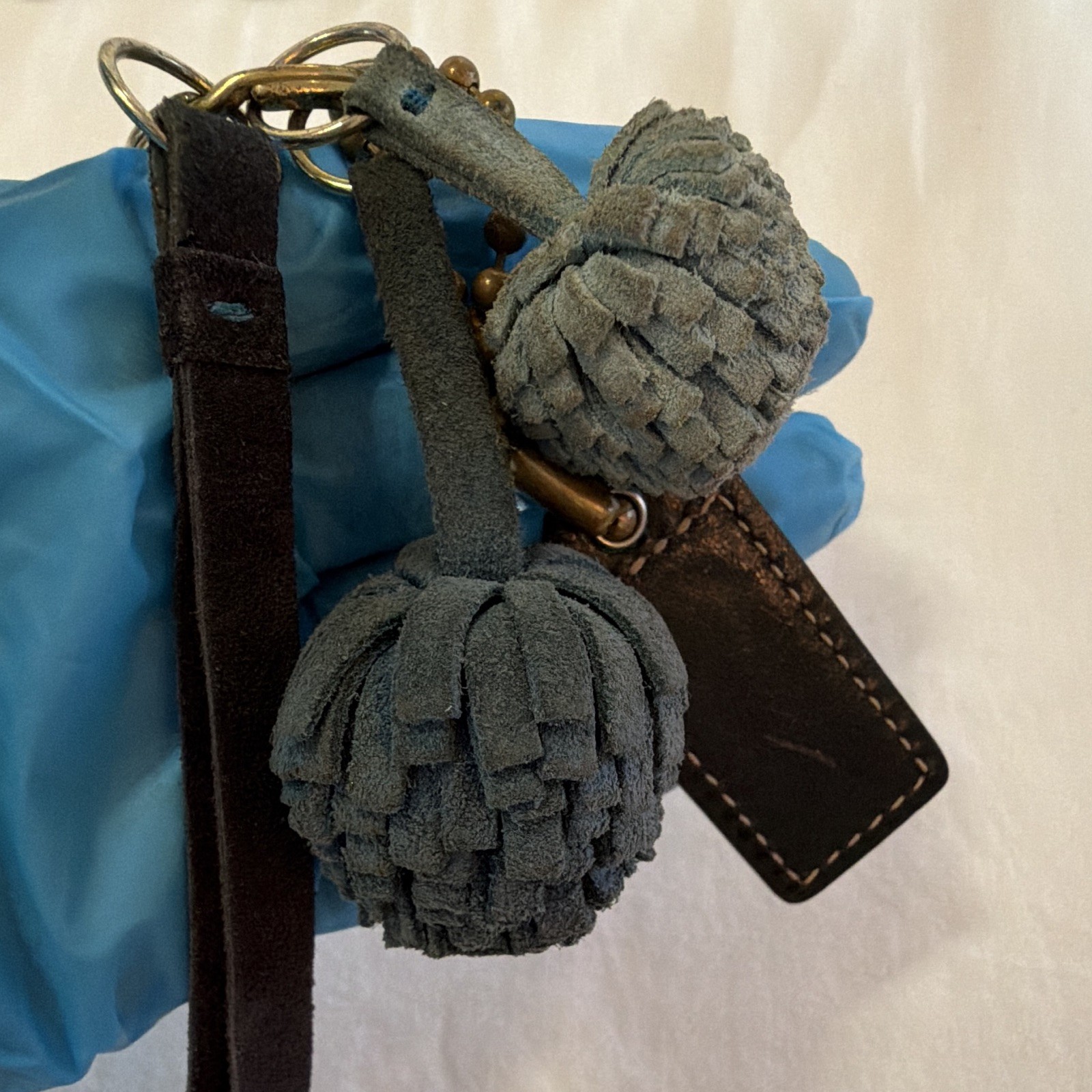 Coach Leather Tassel Logo Keychain Strap Blue/Black Metal Key Chain