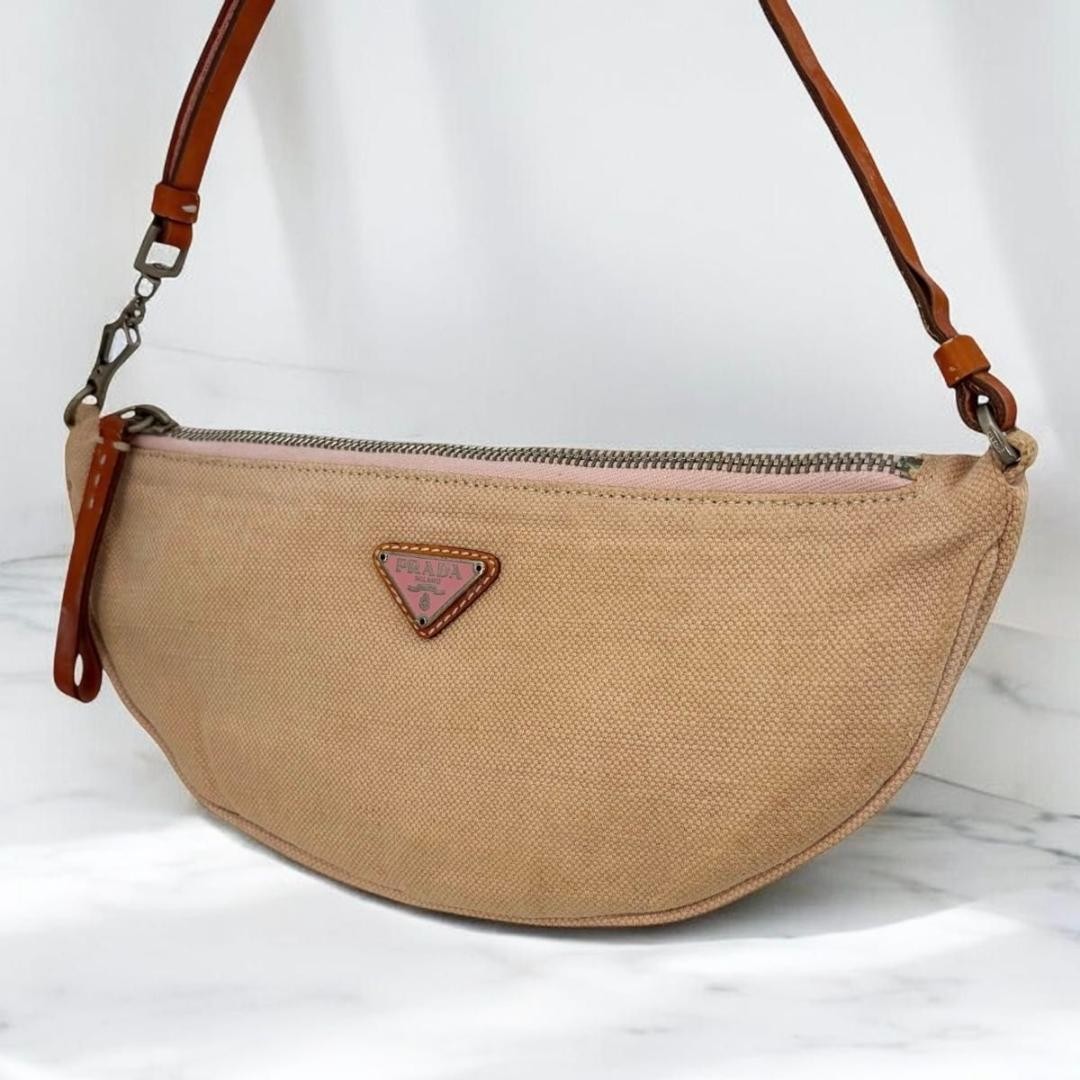 PRADA Triangle Logo One Shoulder Canvas Leather Accessory Pouch Beige Authentic