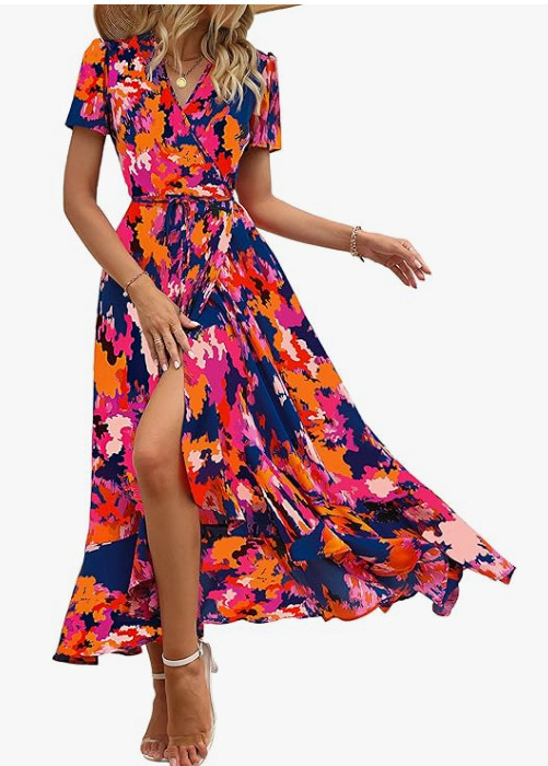 Red, Blue, Orange and Purple Wrap Short Sleeve Maxi Dress Size XXL Pretty Garden