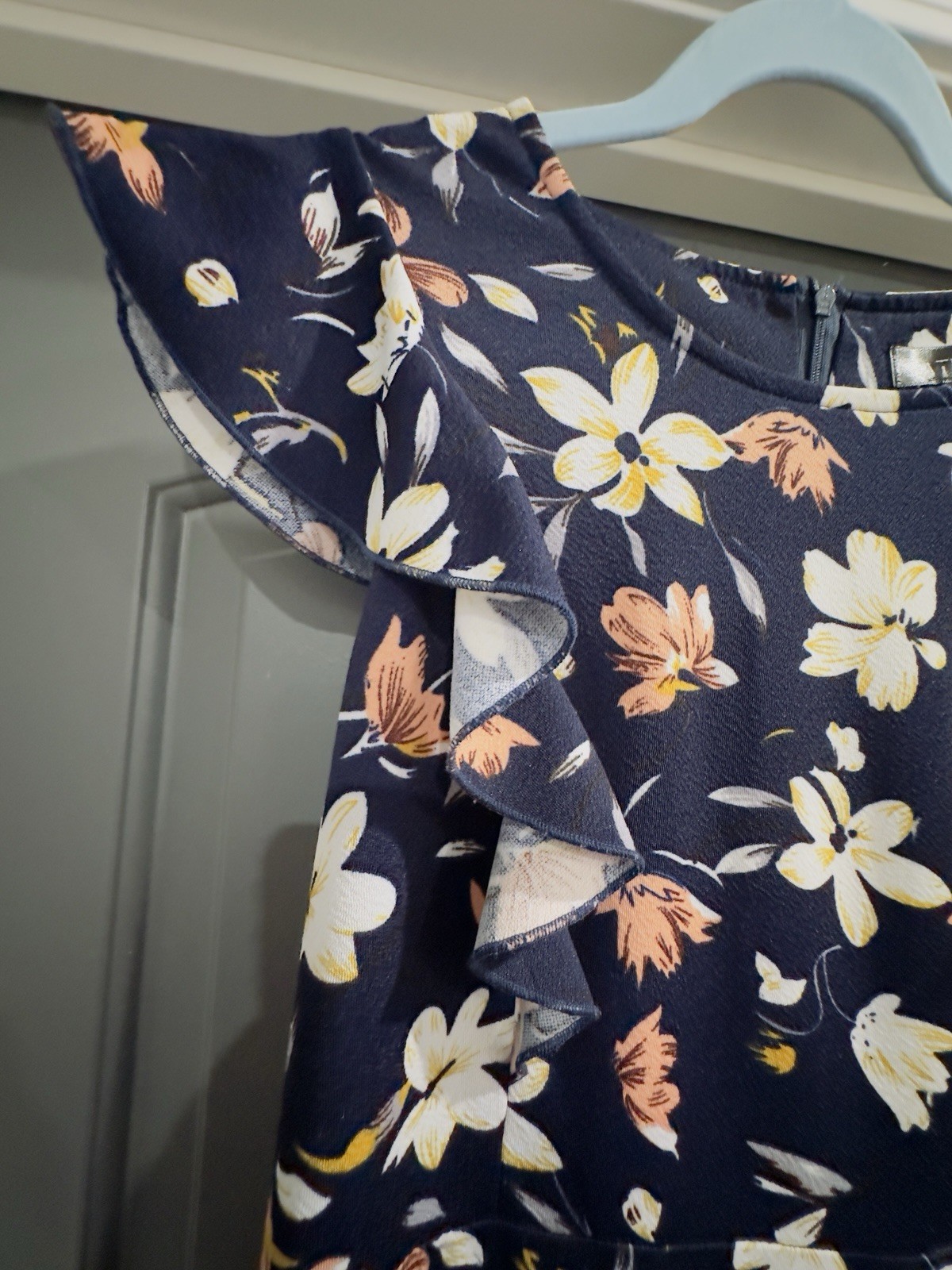 Yathon Navy Floral Ruffle Flutter Sleeve A-Line Knee Length Round Neck Dress