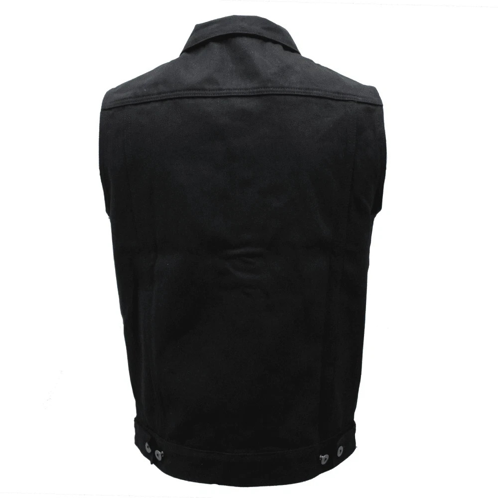 MEN’S HOODED DENIM BIKER VEST JACKET BLACK WASHED DENIM W/DETACHABLE HOODIE.
