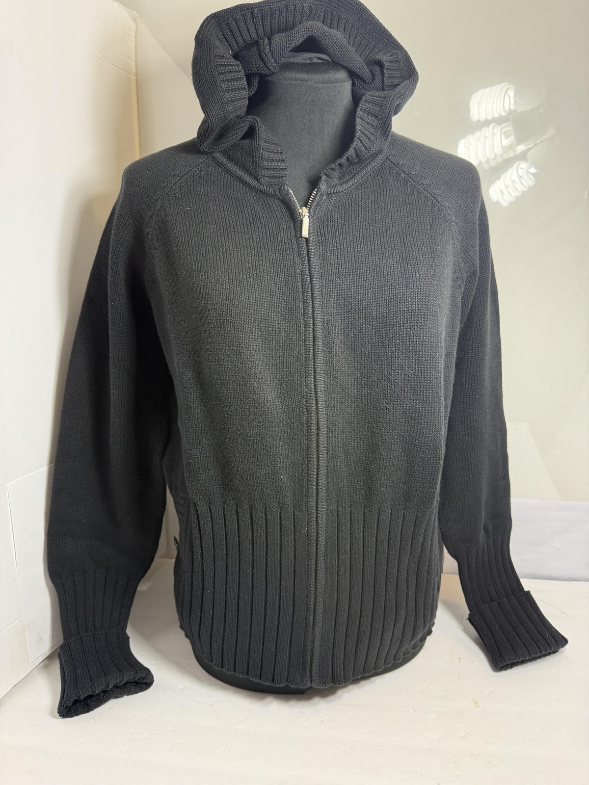 AK Anne Klein Sport Hoodie Sweater Womens Large Black Knit Full Zip Ribbed YKK