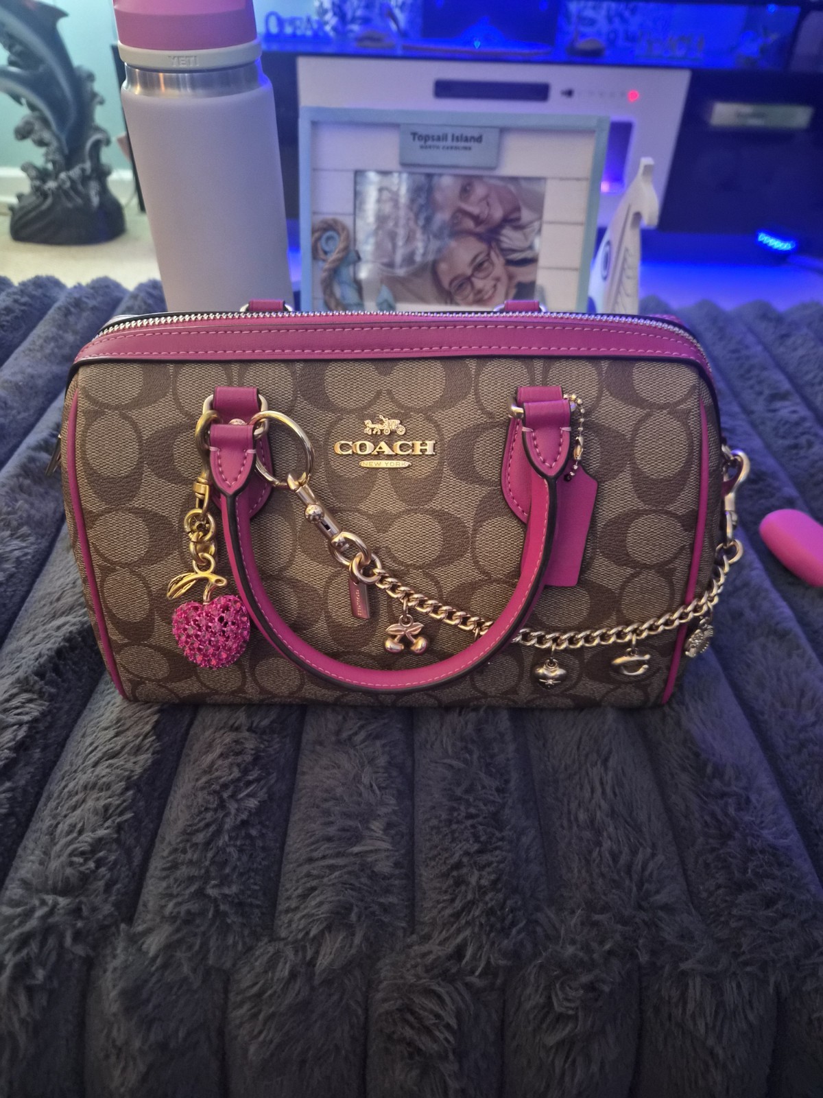 NWT COACH Women’s Rowan Satchel In Signature Leather Khaki/cerise Color