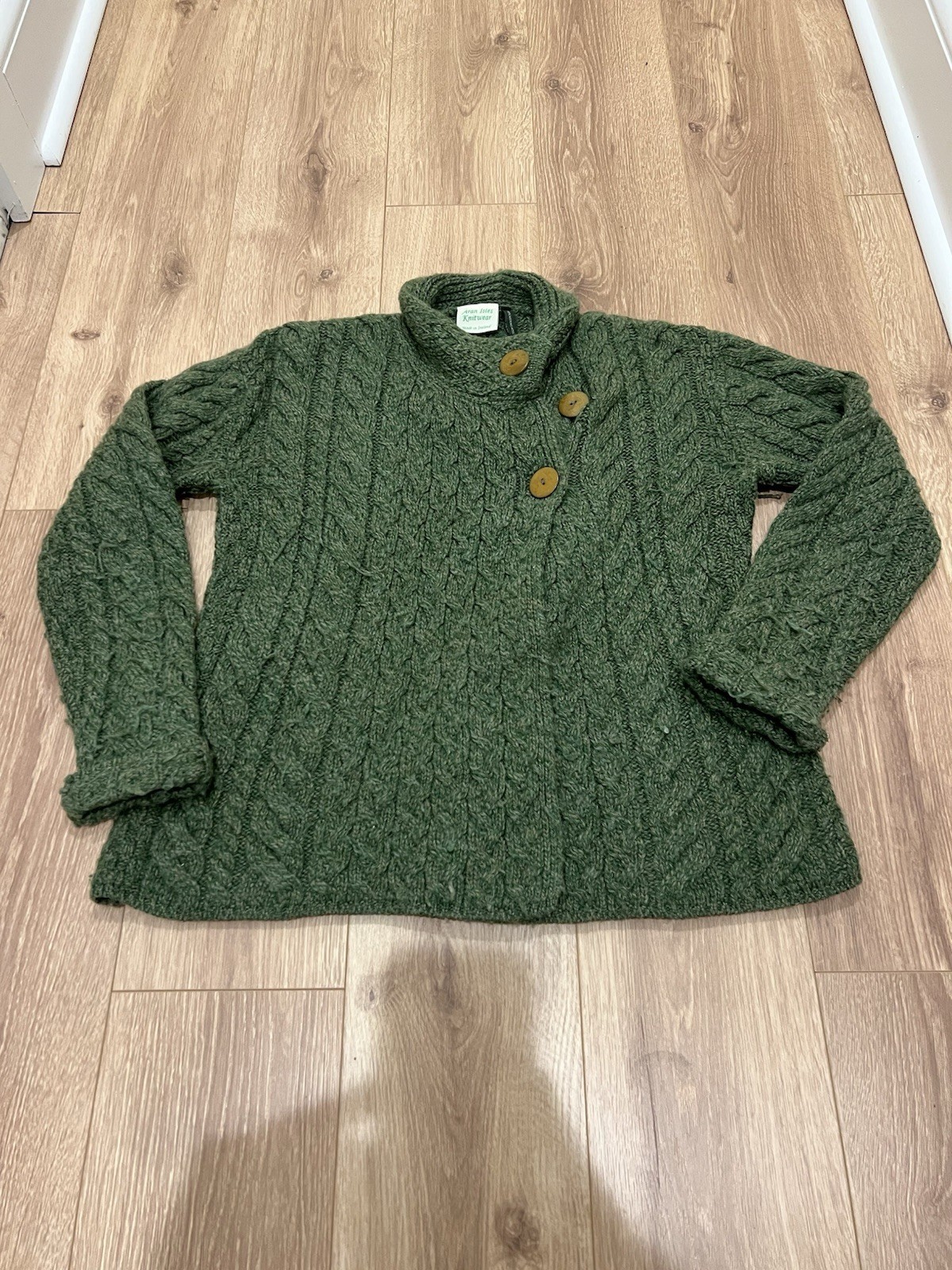 Vintage Aran Isles Knitwear Women Medium Green Cardigan Sweater 100% Merino Wool