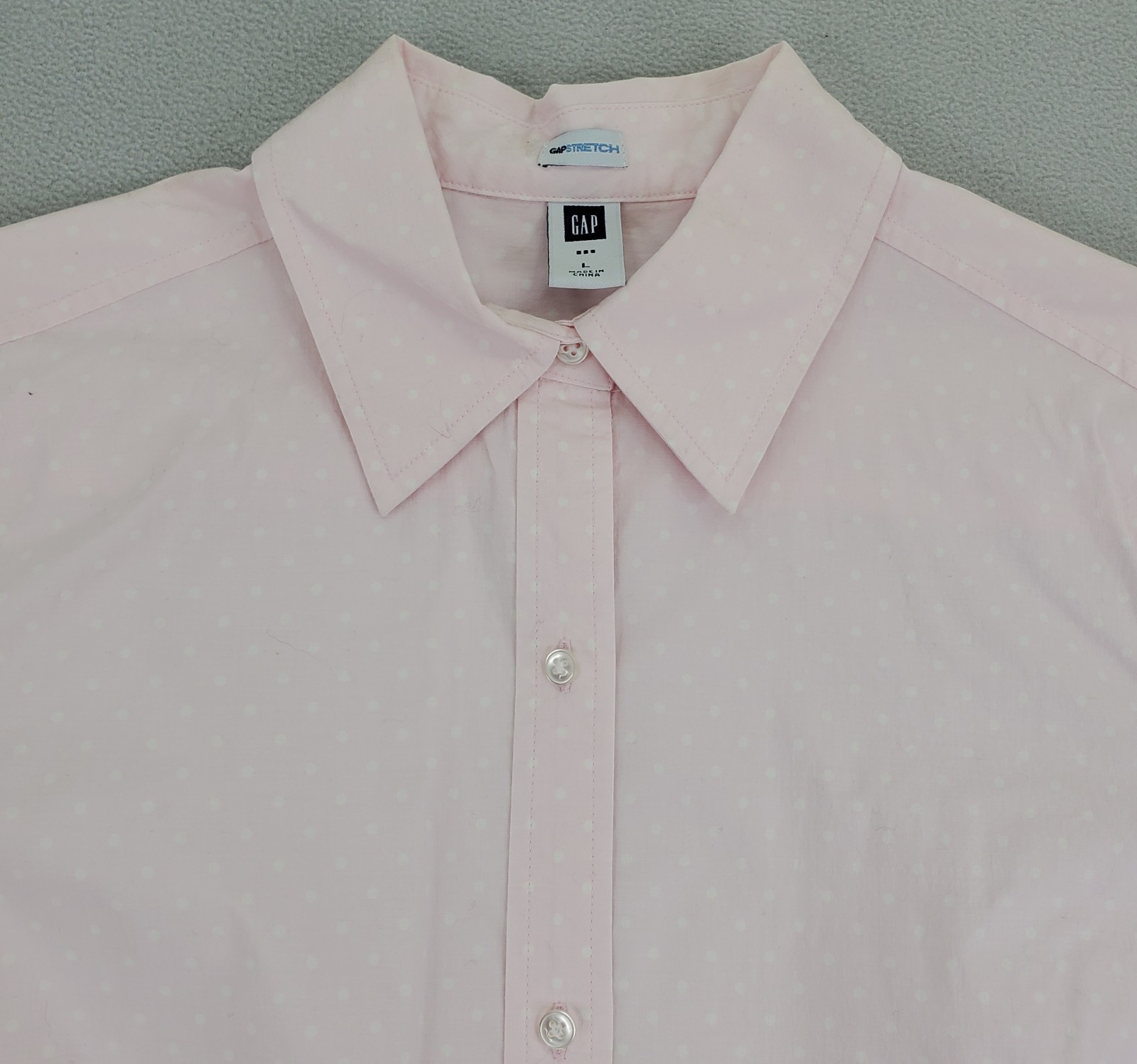 GAP Stretch Button Shirt Women L Soft Pink White Polka Dot Cotton Spandex Fitted