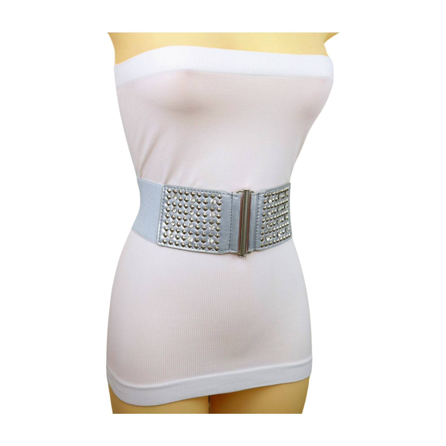Women Silver Color Elastic Wide Waistband Holidays Fashion Belt Metal Studs S M