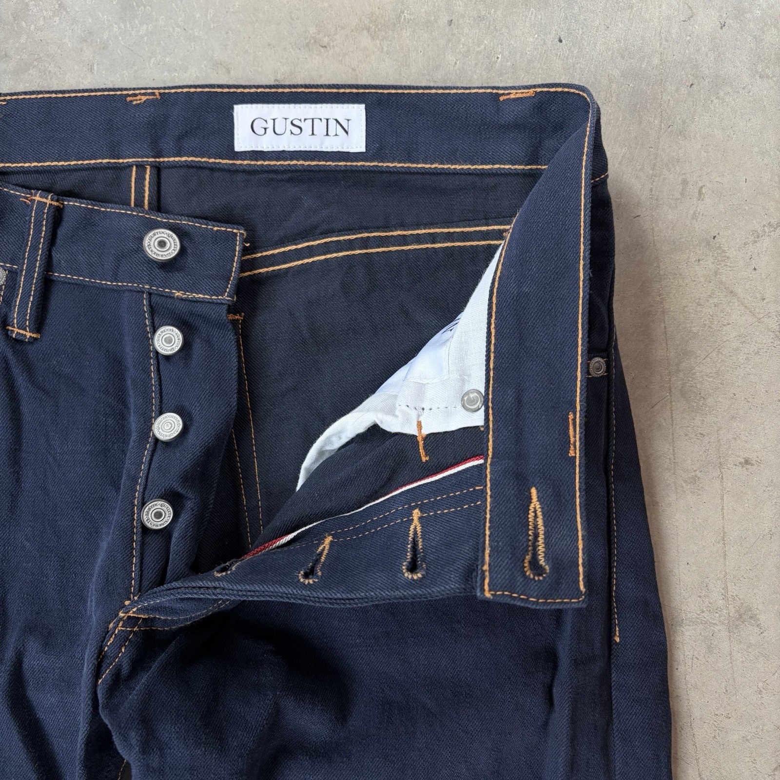 Gustin California Straight Raw Selvedge Jeans Denim Blue Button Fly Men’s 32×34