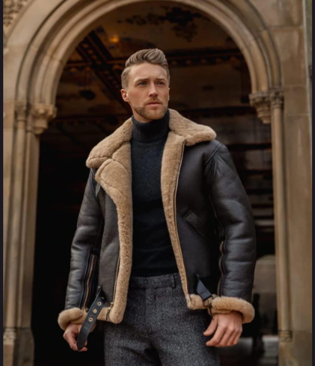 Men’s Black Aviator Sheepskin Fur Leather Bomber Jacket All Sizes Available