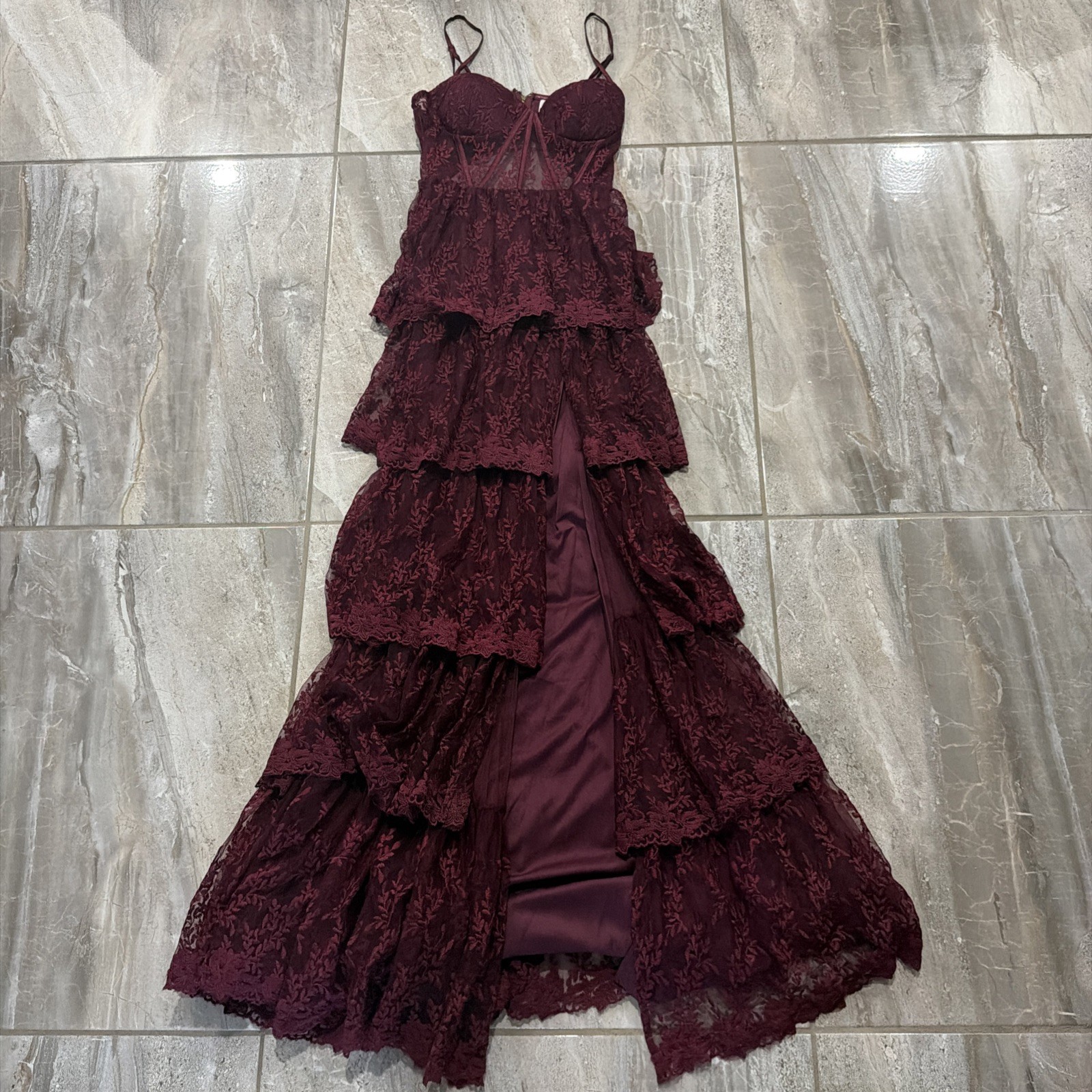 Maniju Maroon Floral Lace Formal Dress Women’s Large Spaghetti Strap Corset