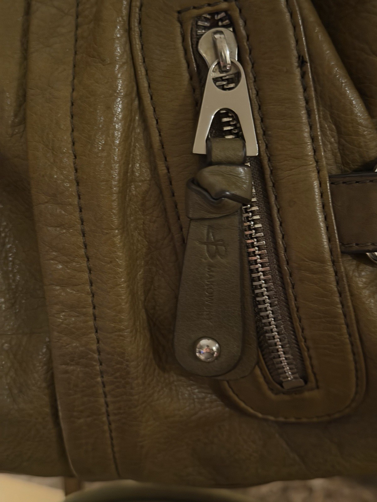 B. Makowsky Olive Green Pebbled Satchel Top Handle Zip Silver Detach Strap