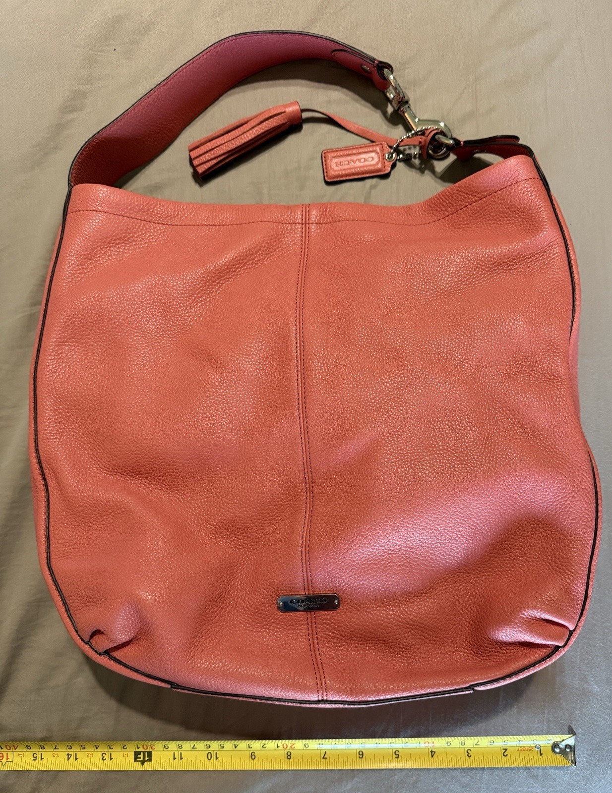 Authentic Coach Avery Pebbled Leather Hobo Bag, F23309, Coral/Sienna, Pre-Owned