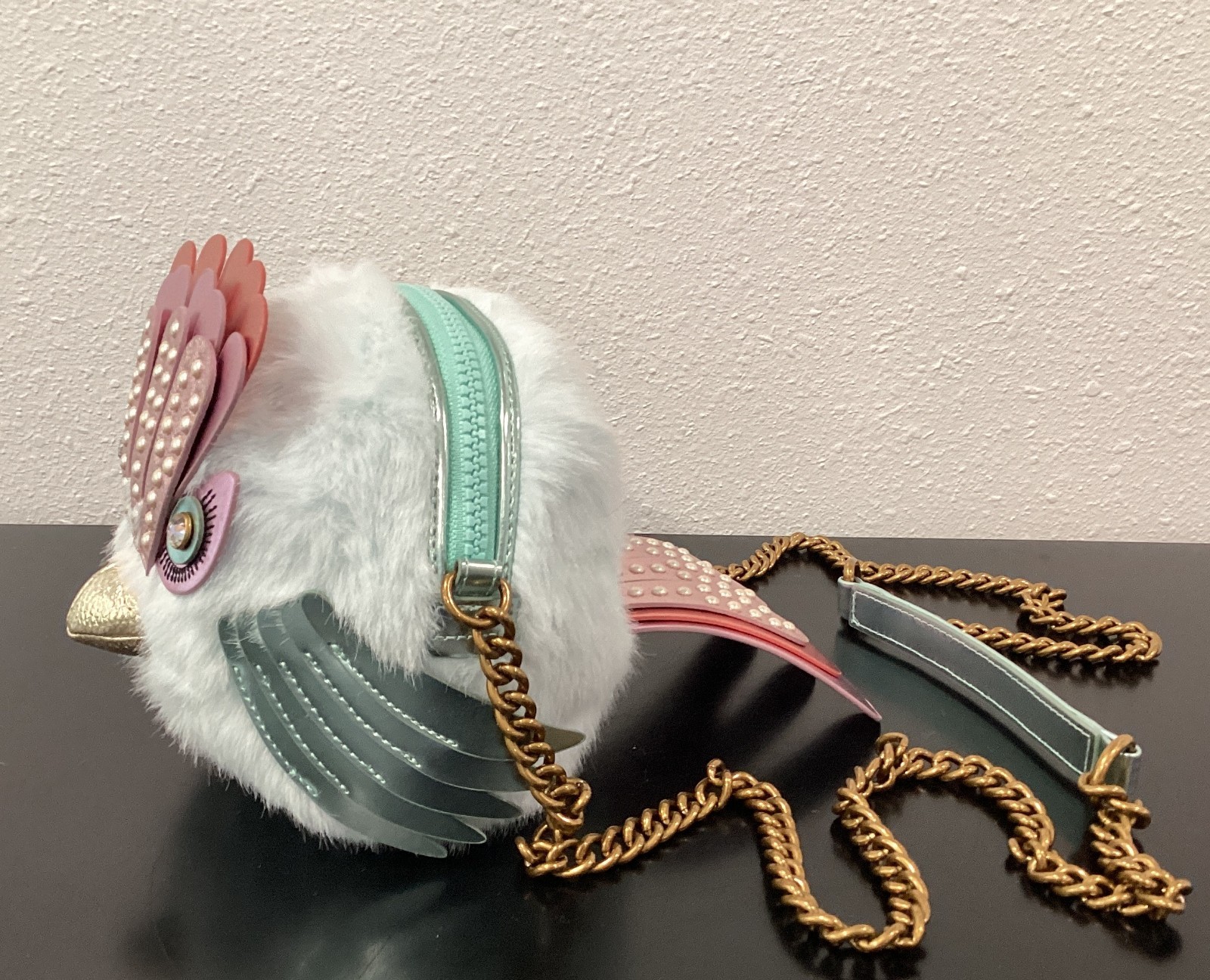 Kurt Geiger Faux Fur Soft Eagle Bag 6″ x 6″ x 4.5″ Crossbody Blue Pink Crystals