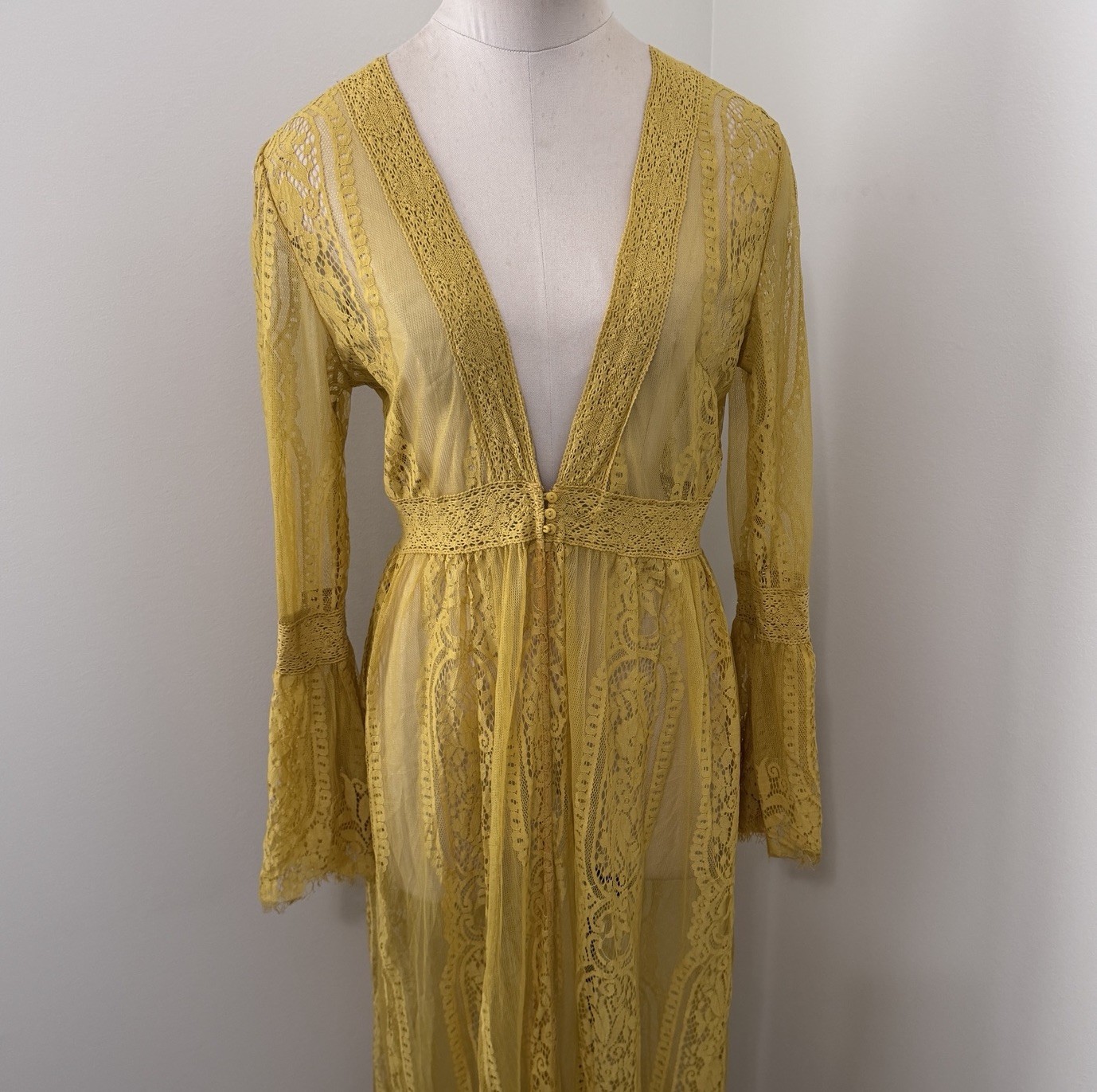 Medium Golden Mustard Yellow Sheer Lace Kimono Duster Long Bell Sleeves Boho