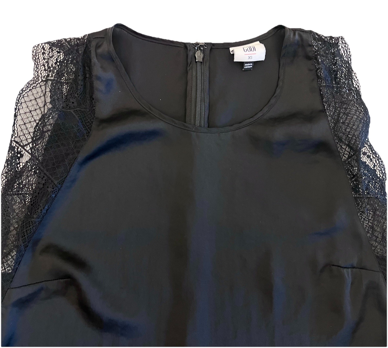 CAbi Veil Lace Trim Silky Soft Sleeveless Top Blouse Black Lightweight Sz XS
