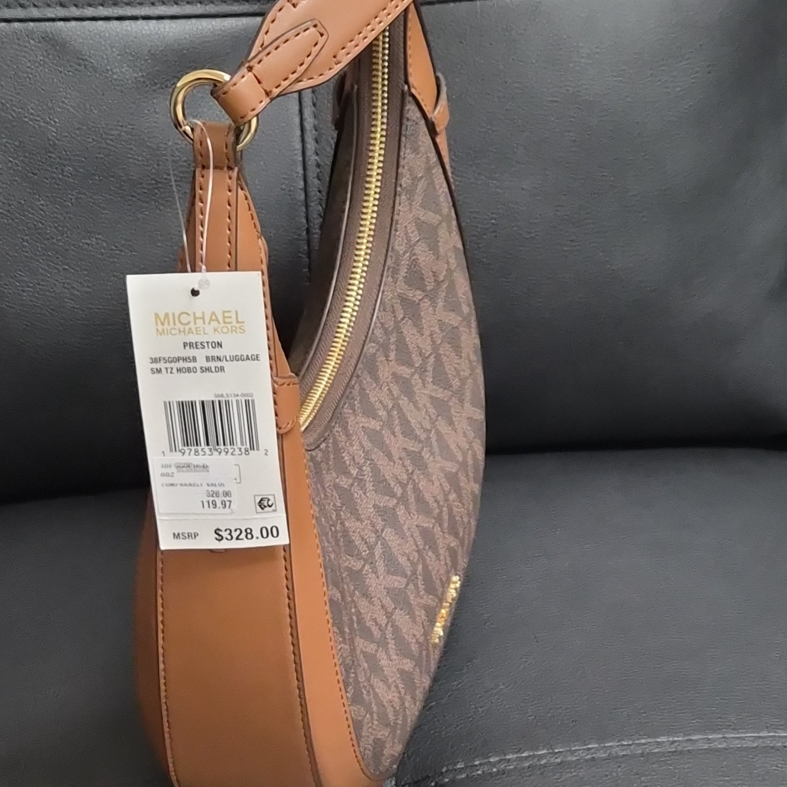 Michael Kors Small Brown Logo Hobo Shoulder Bag Zip Top Adjustable Strap Gold