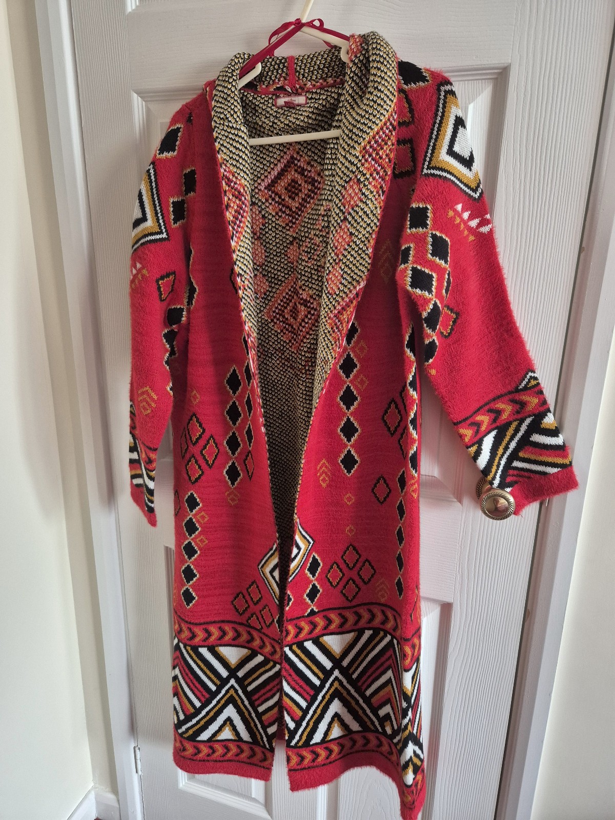Joe Browns Long Edge-to-Edge Coatigan, Red, Bold Pattern, 12/14, back 120cm long