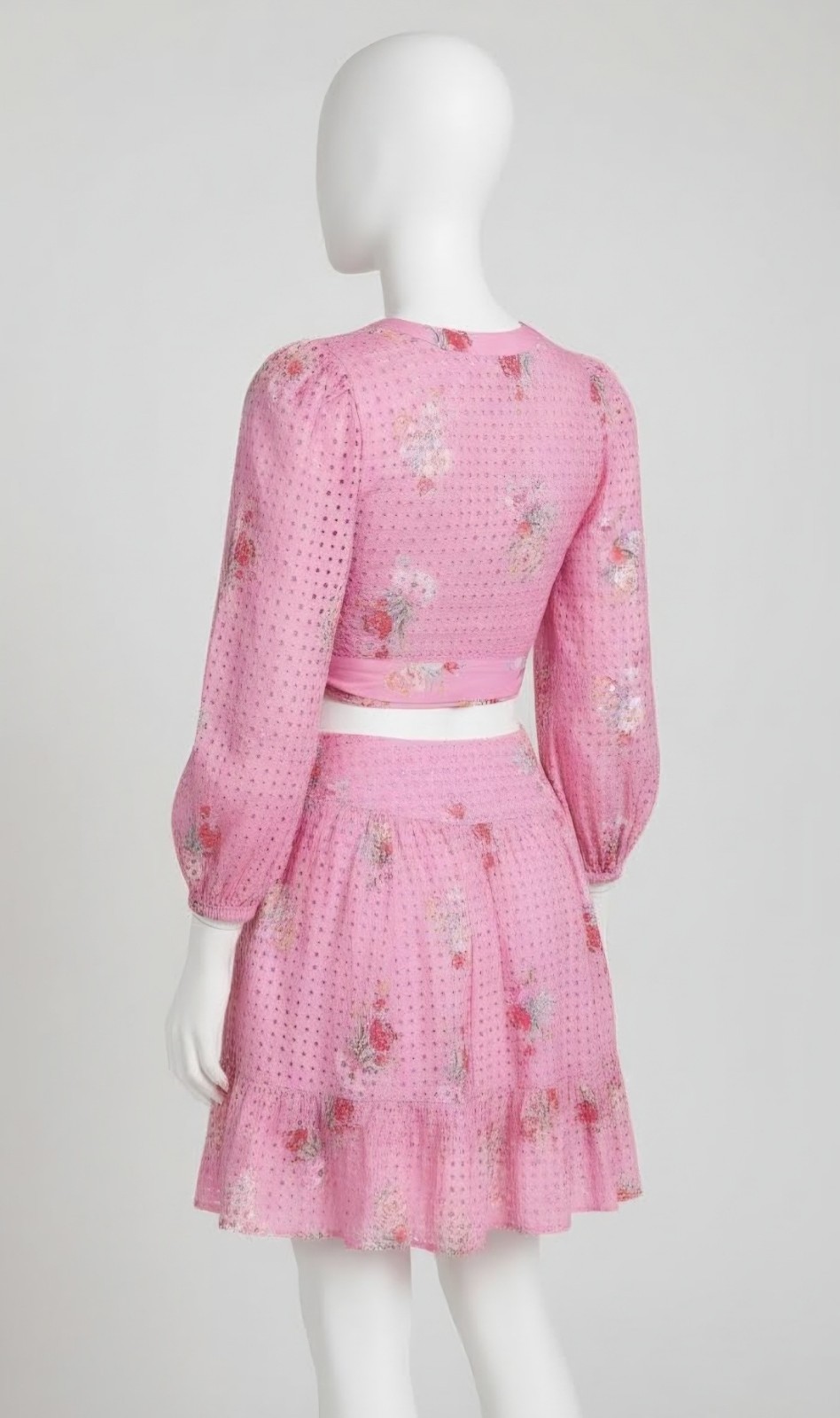 LoveShackFancy Kinza Crop Pink Eyelet Wrap Top Puff Sleeve Blouse Size S