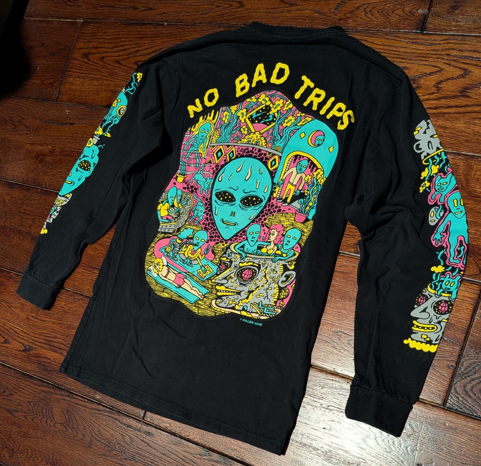 Killer Acid ‘No Bad Trips’ Long Sleeve T-Shirt Black w/ Psychedelic Alien Mens S