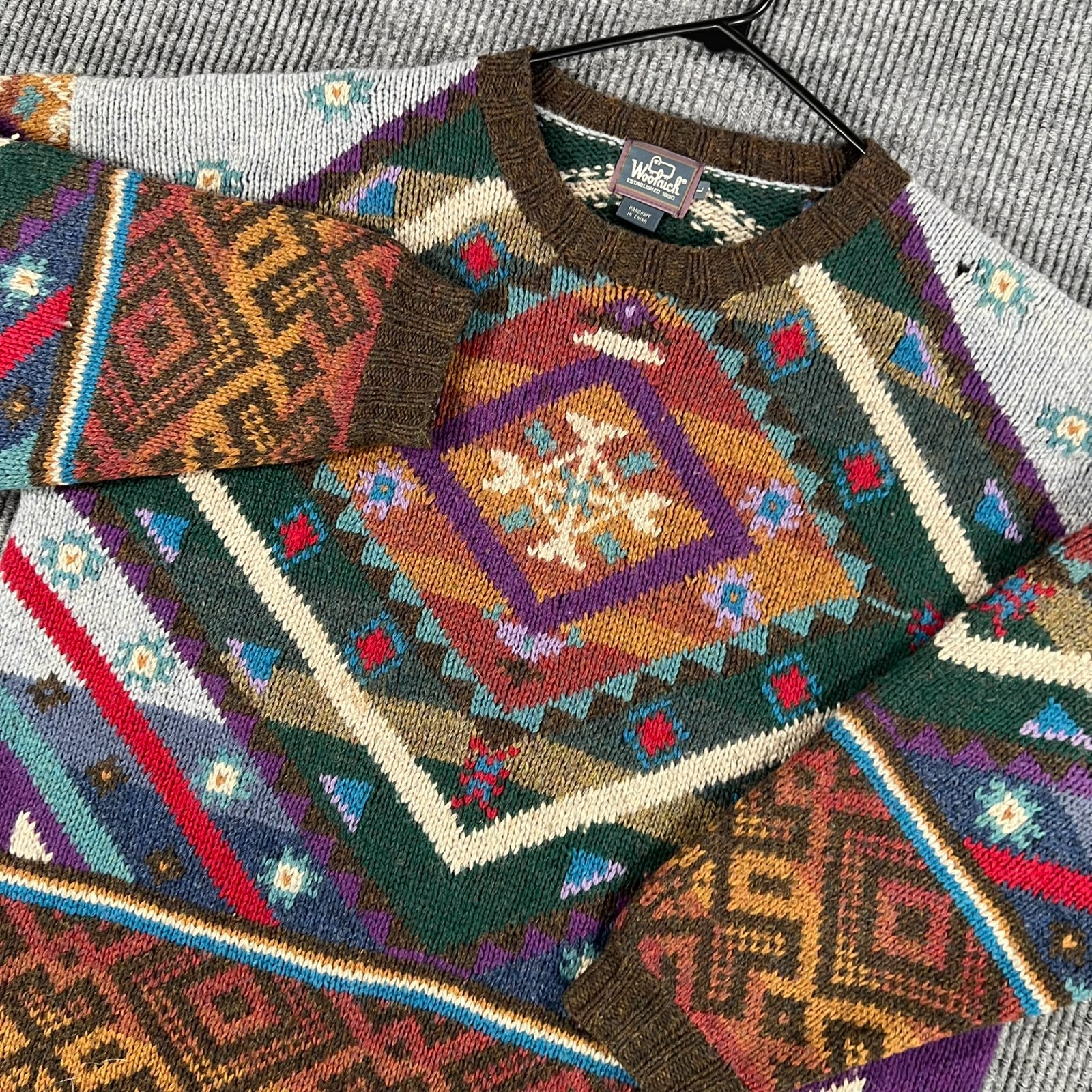 Woolrich Sweater Mens Large Geometric Long Sleeve Crew Handknit Casual Vintage