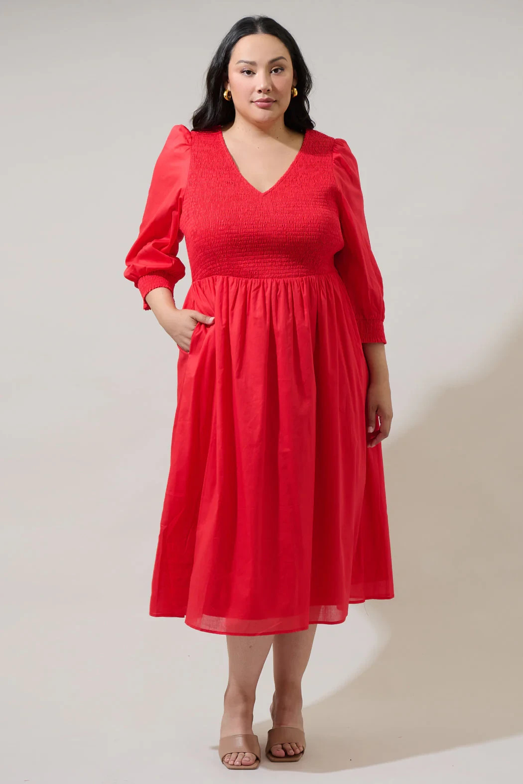 SUGARLIPS Curve NWT $105 Zelda Smocked Cotton Voile Midi Dress in Red Size 2X