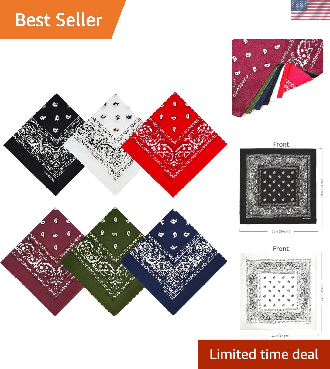 100% Cotton Paisley Bandanas – 21×21 Inches Set of 6 in Assorted Colors