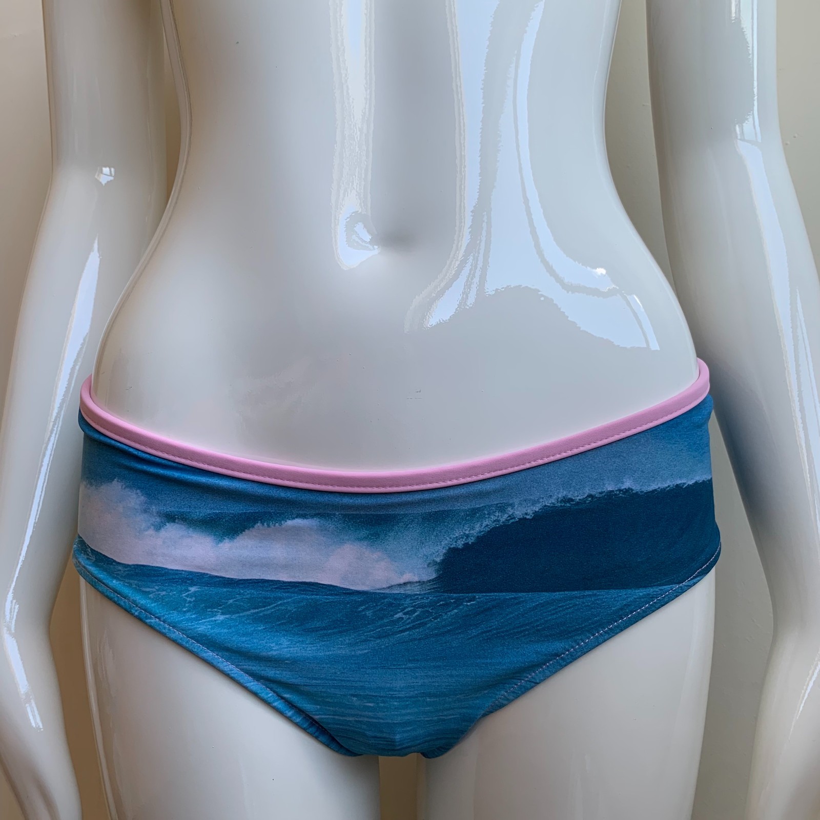 Aaron Chang blue & pink stripe wave reversible scenic photo print bikini