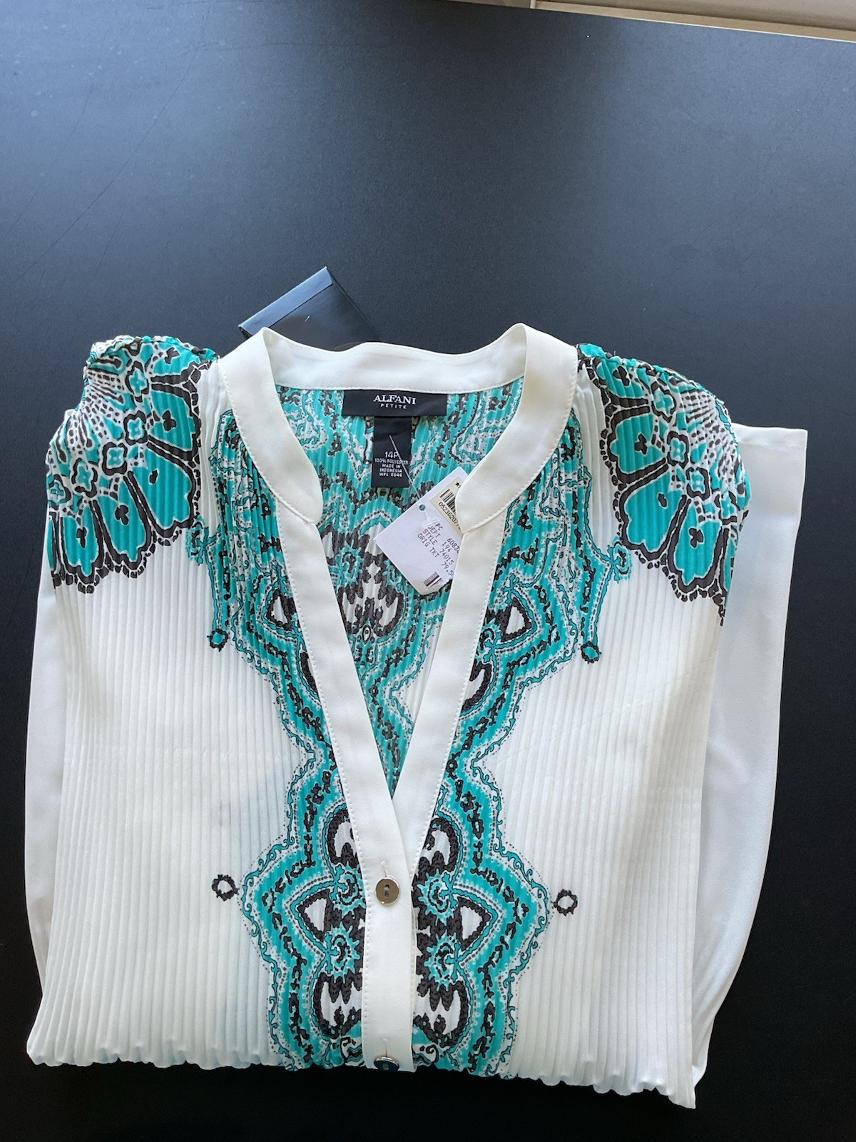 Alfani Petite Turquoise And White Tunic Buttons Small Pull NWT SZ 14 P LONG SLVS