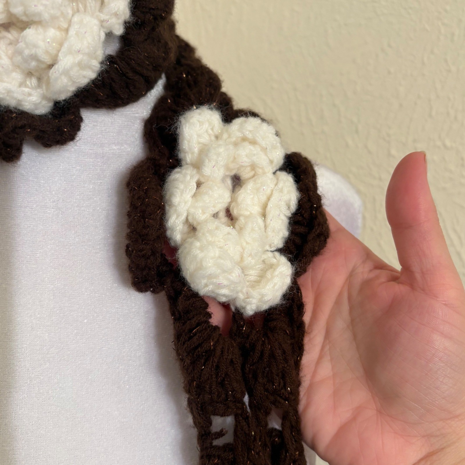 Dark Brown Copper Metallic Extra Long Skinny Scarf White Crochet Flowers Fairy