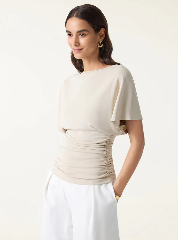 OGL Effortless Boatneck Batwing Sleeve Side Ruched Top, Morning Mist (NEW)