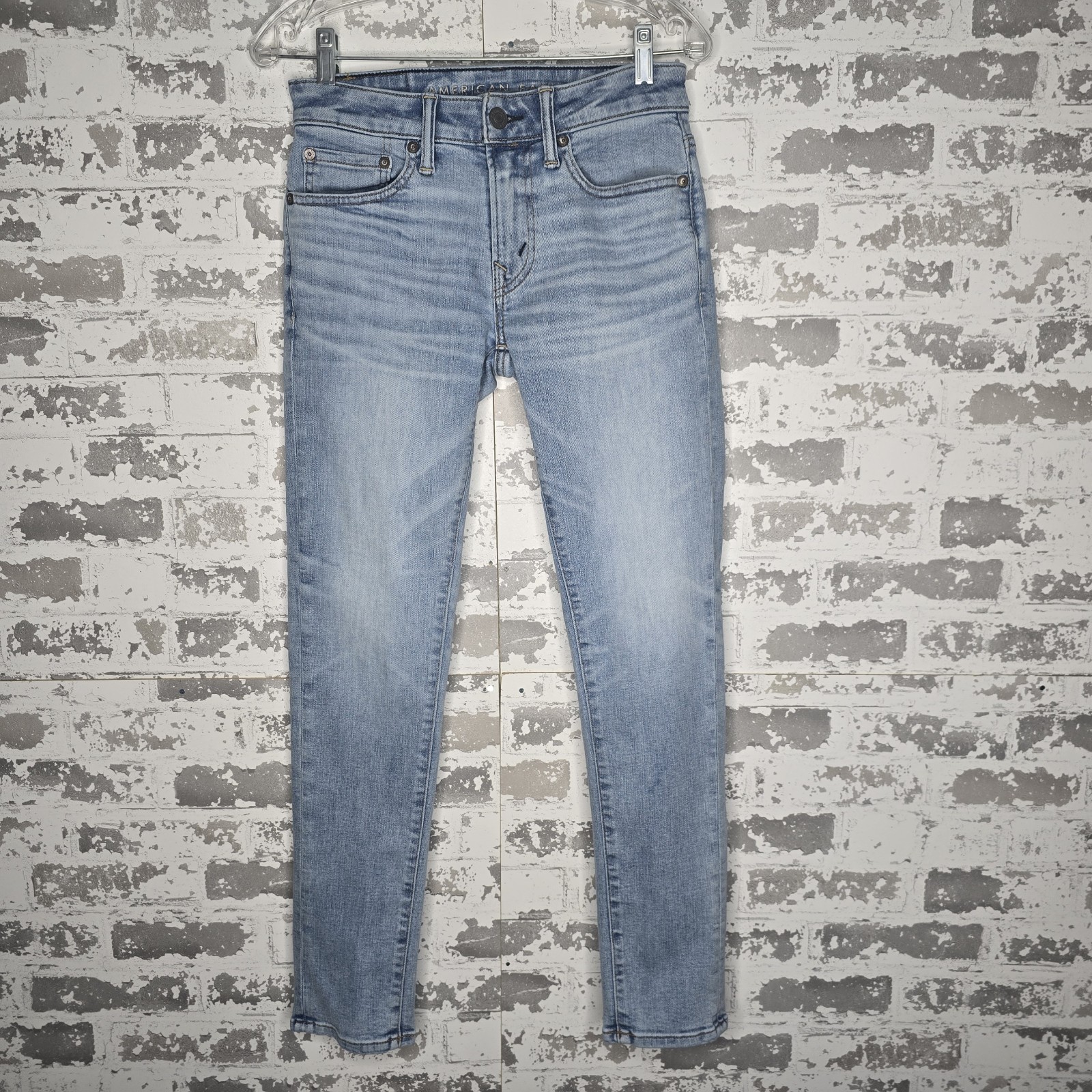 American Eagle Jeans Mens 28×29 Skinny Light Blue Wash Stretch Denim Whiskering