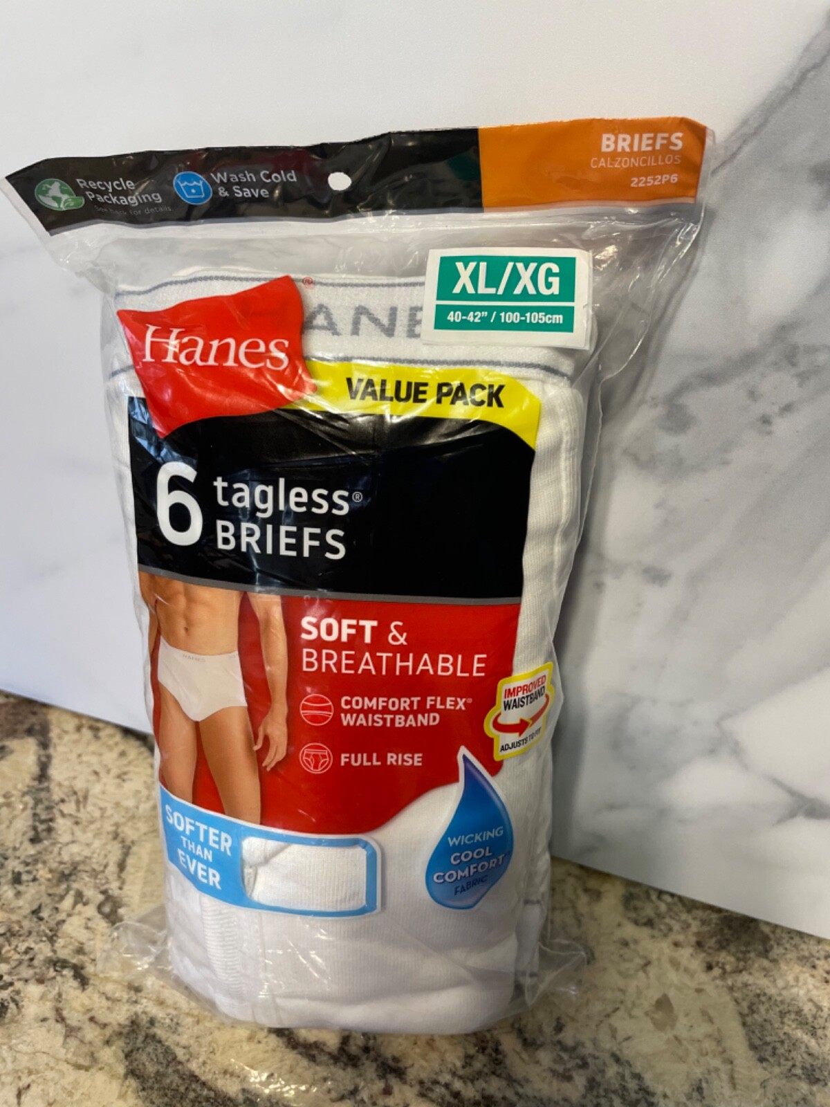 NEW 6 Pack Hanes Men’s Briefs Tagless White SZ. XL (40-42) Breathable Comfort