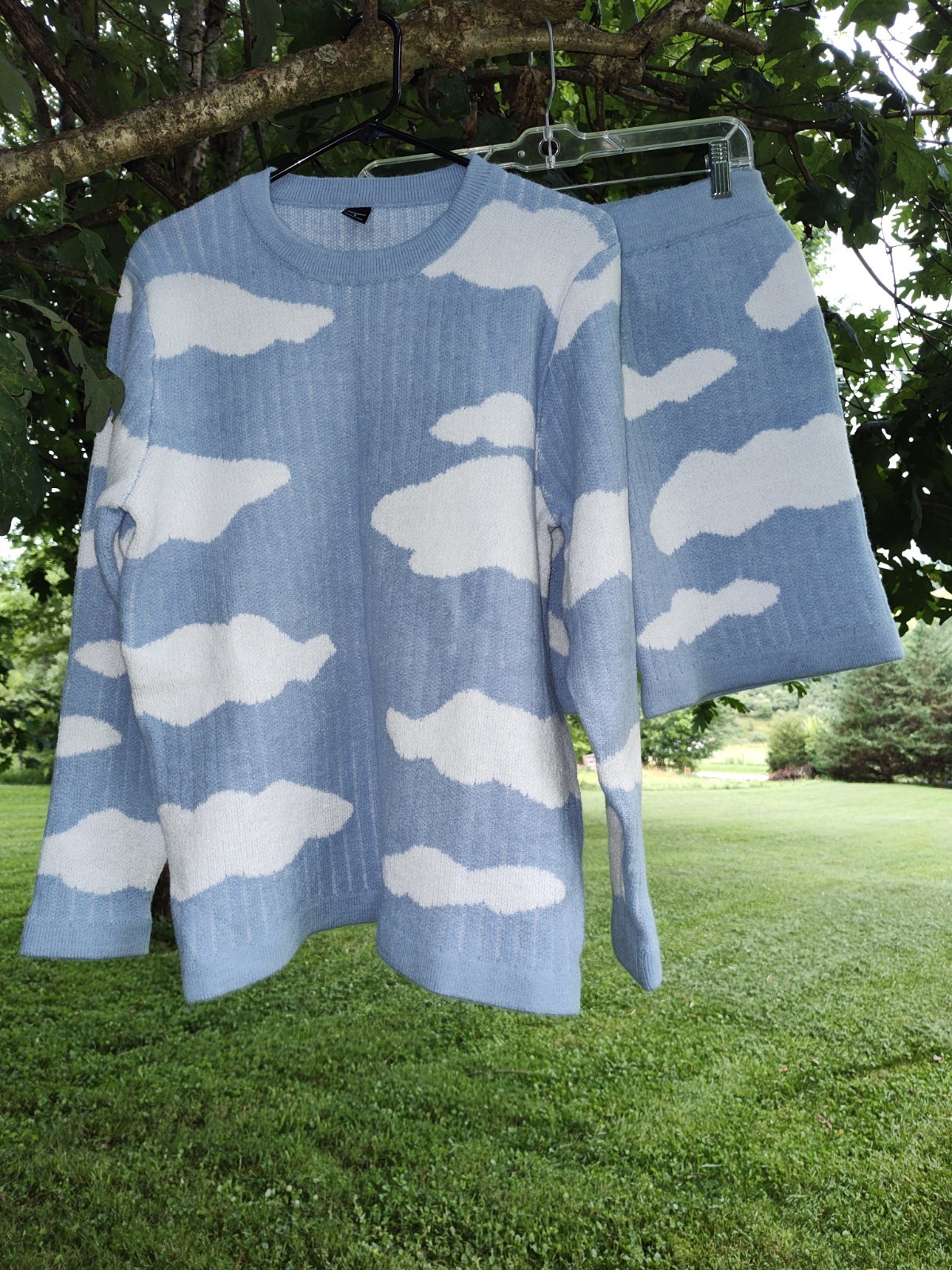 Blue Long Sleeve Sweater Outfit With Matching Sweater Shorts With Cloud Pattern