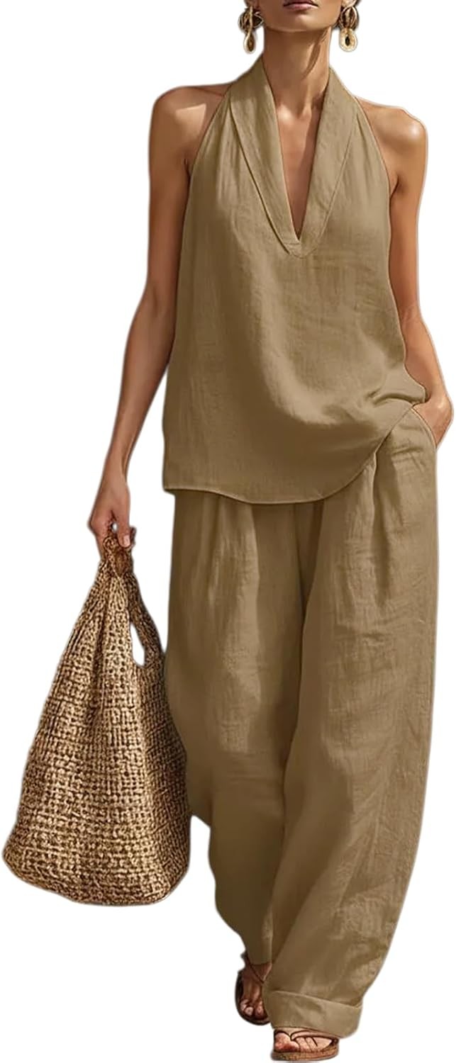 Women’s Linen 2 Piece Set V Neck Halter Top Baggy Wide Leg Pants Summer Outfit