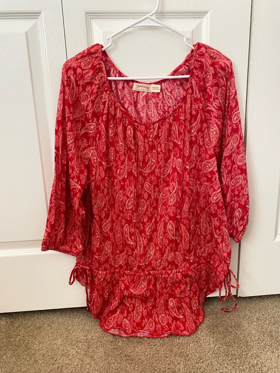 Faded Glory Plus Size XL 16-18 Red Paisley Boho Peasant Blouse